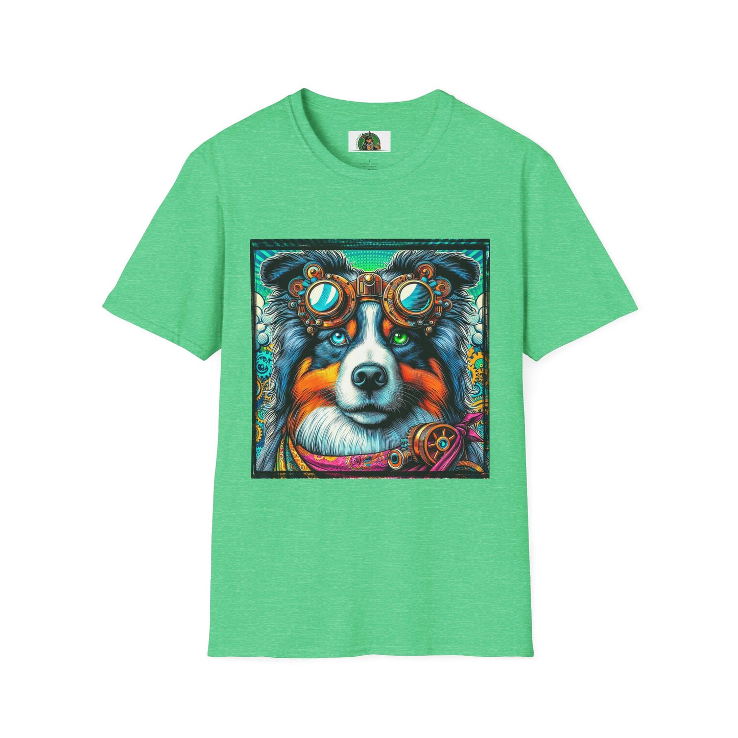 Australian Shepherd Bright Steampunk Dog T-Shirt Printify S Heather Irish Green