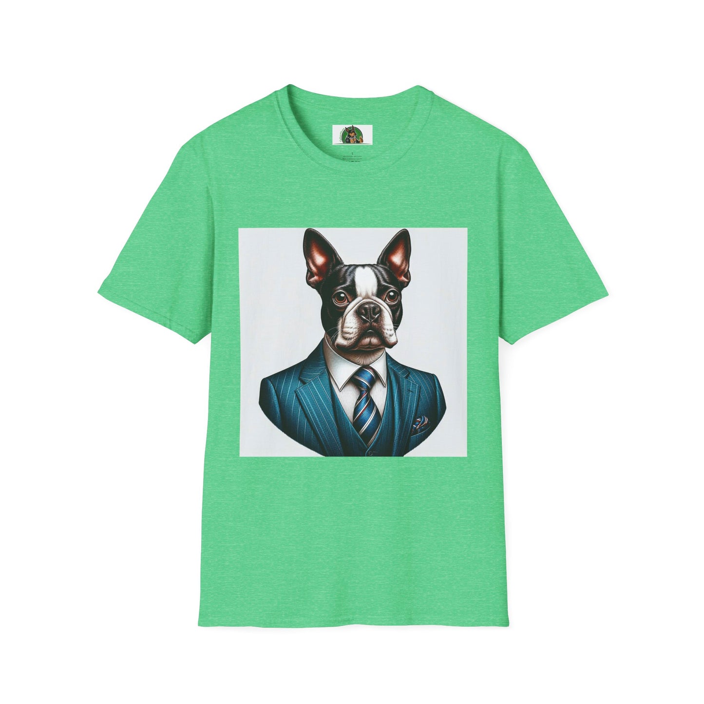 Boston Terrier Dog In Blue Suit TShirt T-Shirt Printify S Heather Irish Green 