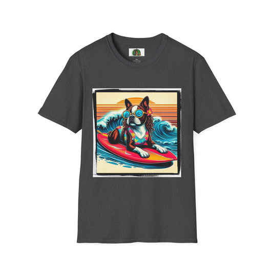 Boston Terrier Surfer Dog T-Shirt Printify XS Dark Heather 