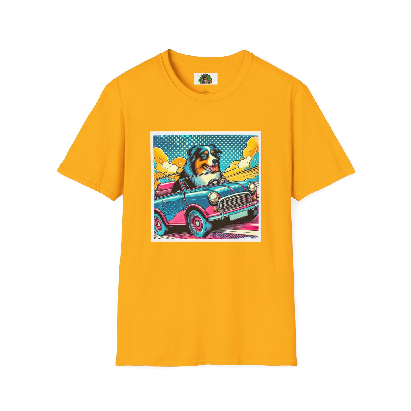 Wacky Australian Shepherd Dog In Colorful Car T-Shirt Printify S Gold