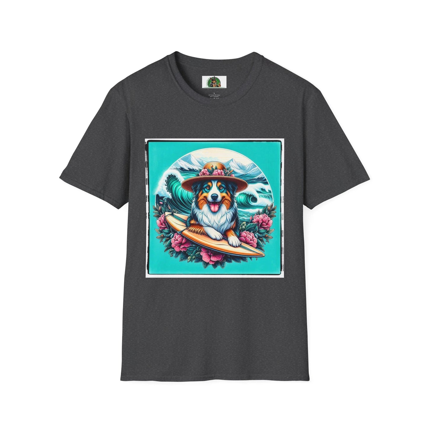 Australian Shepherd Unisex Tee With Floral Hat Surfer Dog Design For Ocean Lovers T-Shirt Printify XS Dark Heather