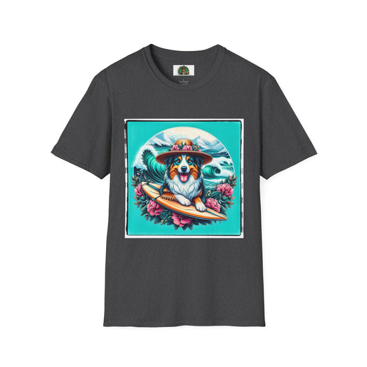 Australian Shepherd In Floral Hat Surfer Dog T-Shirt Printify XS Dark Heather