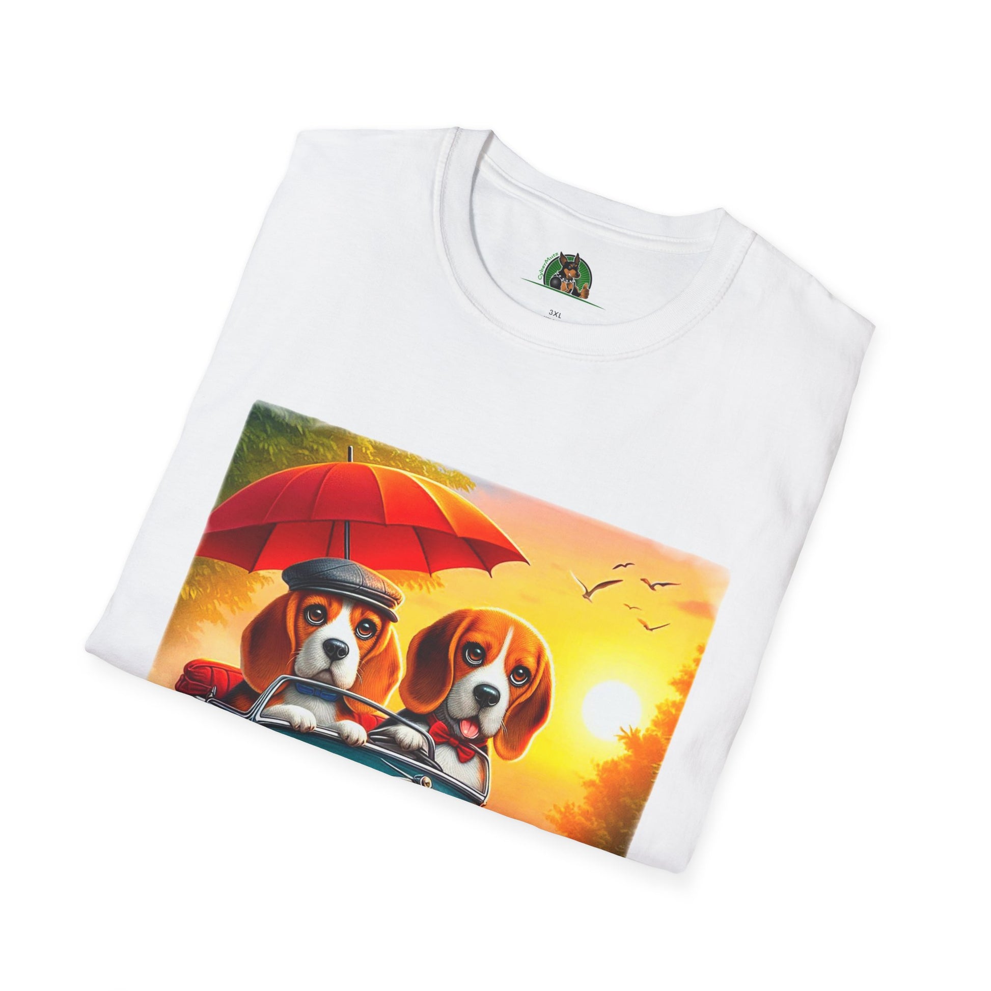 Wacky Beagle Couple In Tiny Car T-Shirt Printify   