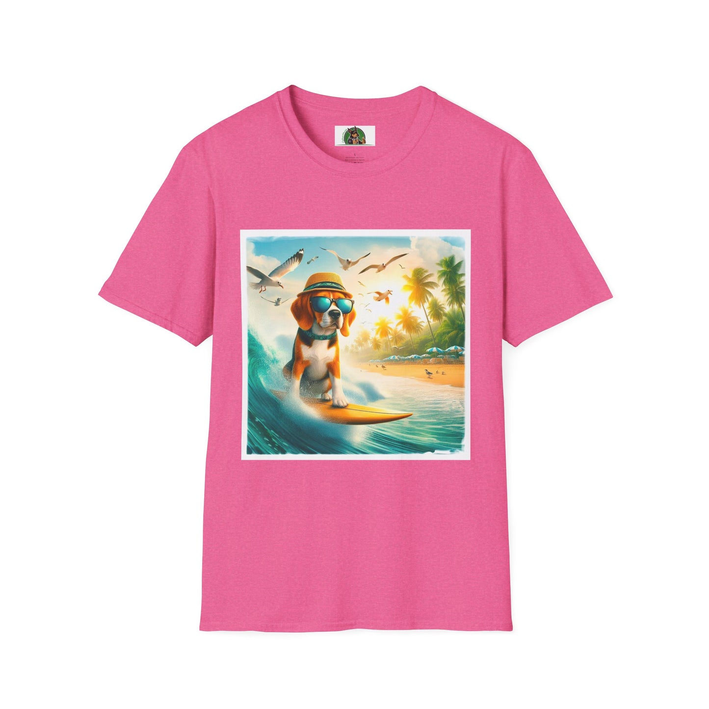 Beagle Surfing Wearing Hat And Shades T-Shirt Printify S Heather Heliconia 