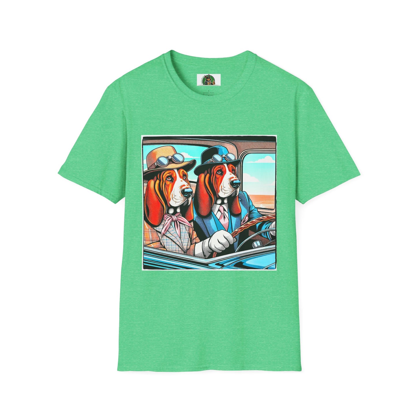 Wacky Basset Hound Boy Dogs In Old Car T-Shirt Printify S Heather Irish Green