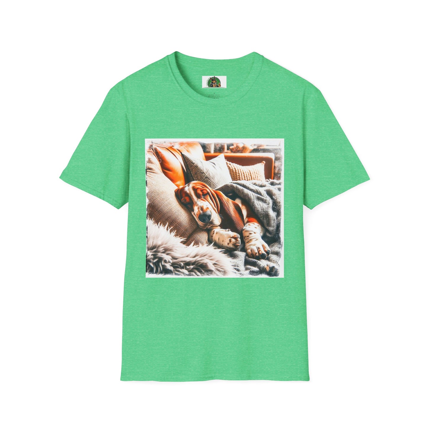 Basset Hound Sleeping On Couch Pic T-Shirt Printify S Heather Irish Green