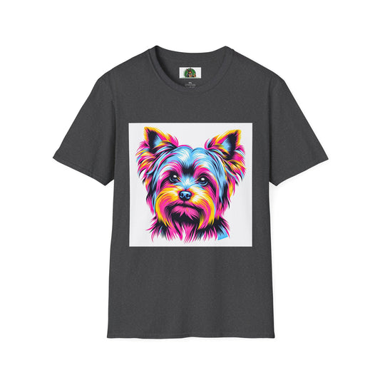 Yorkie pink and blue shirt T-Shirt Printify XS Dark Heather
