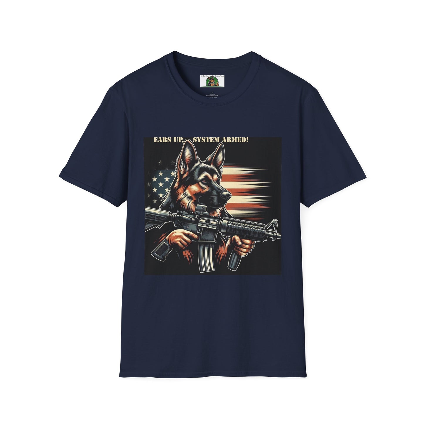 Mis·cel·la·ne·ous German Shepherd "Ears Up, System Armed" T-Shirt Printify S Navy 