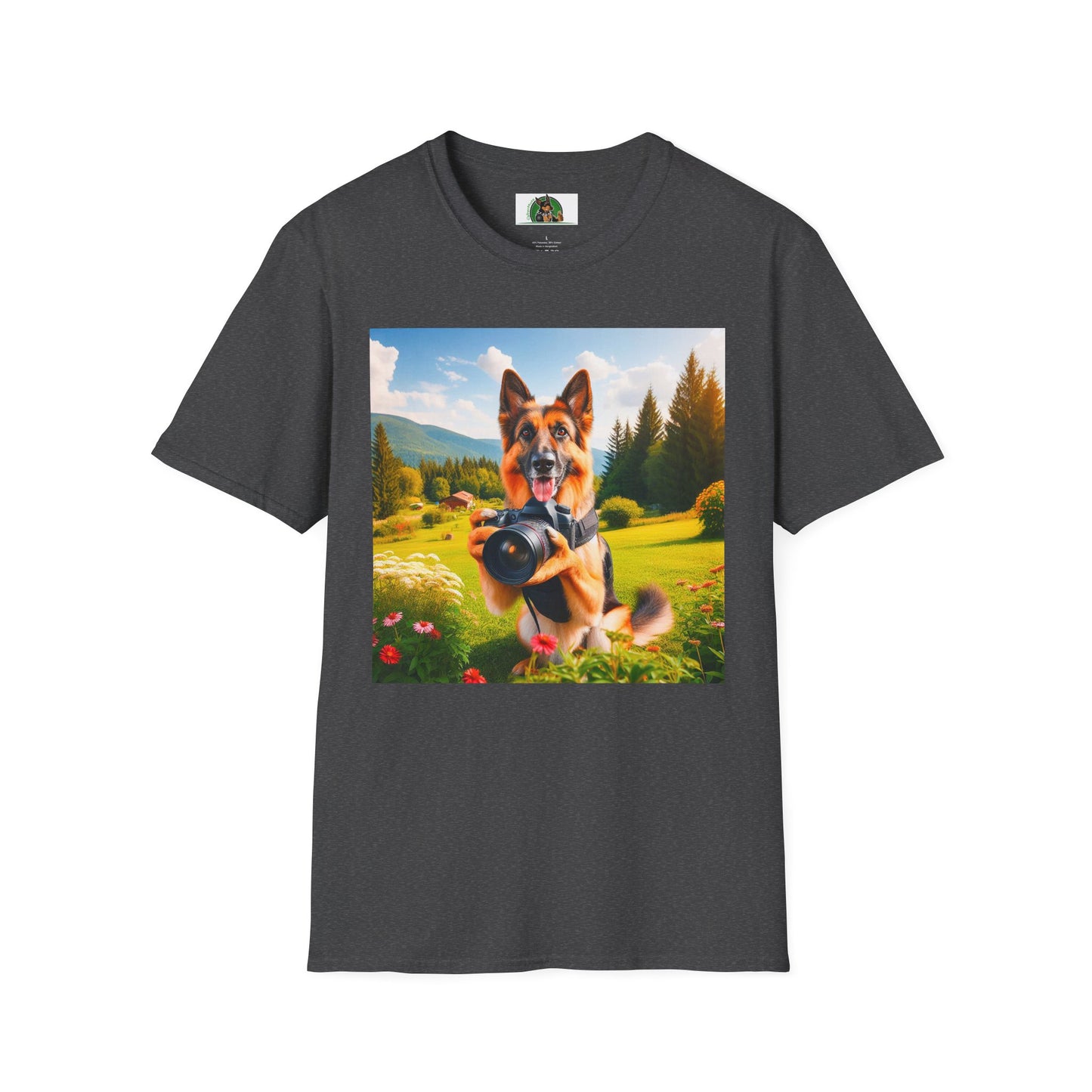 German Shepherd taking photos shirt T-Shirt Printify Dark Heather S