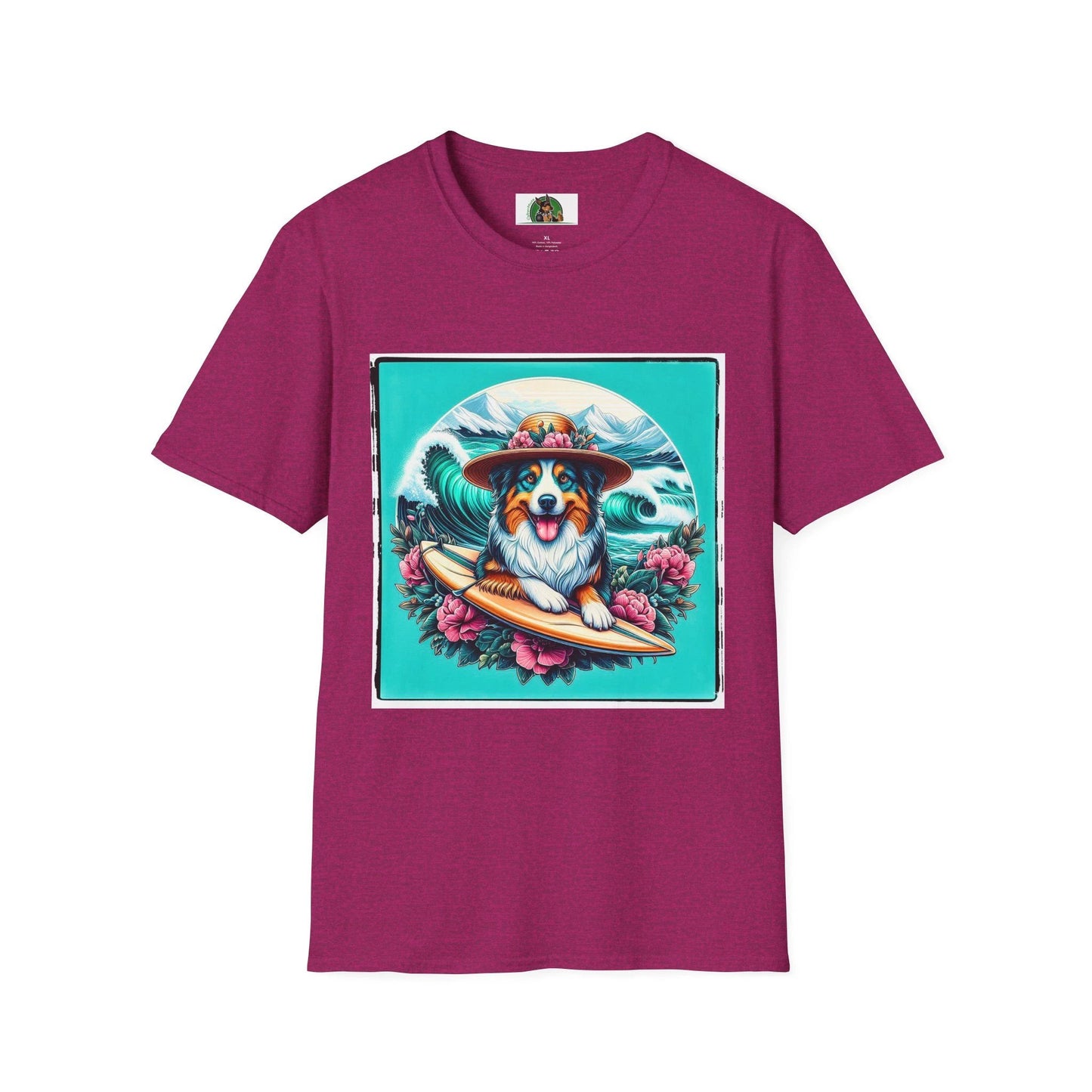 Australian Shepherd Unisex Tee With Floral Hat Surfer Dog Design For Ocean Lovers T-Shirt Printify S Antique Heliconia