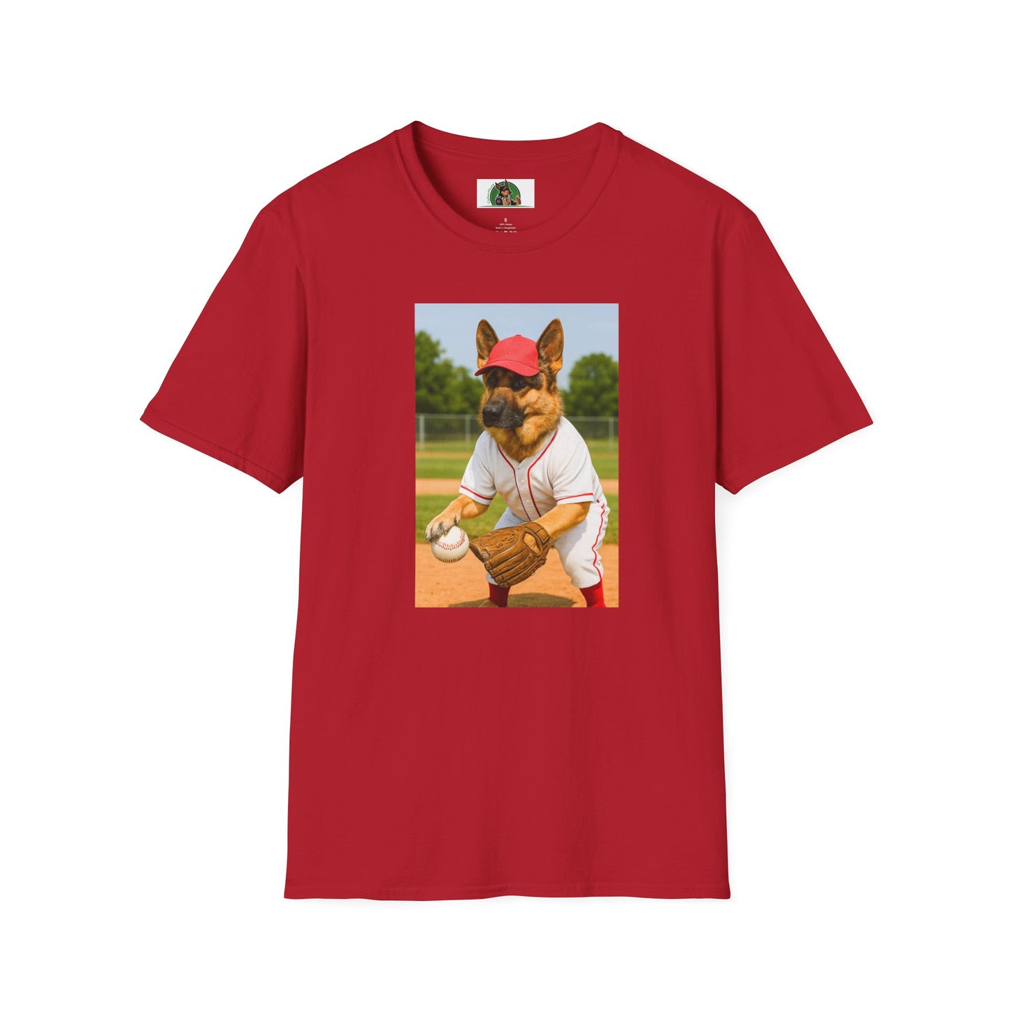 German Shepherd Playing Baseball T-Shirt — Sports Dog Tee T-Shirt Printify Cherry Red S