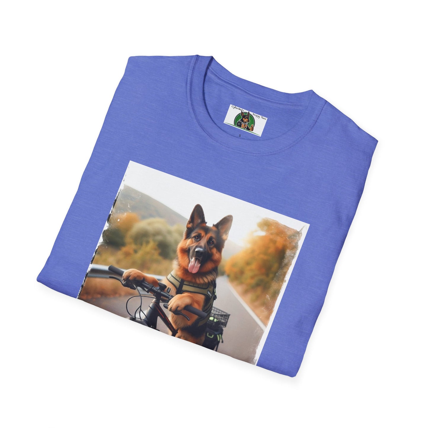 German Shepherd Dog Road Biking! Unisex Softstyle T-Shirt