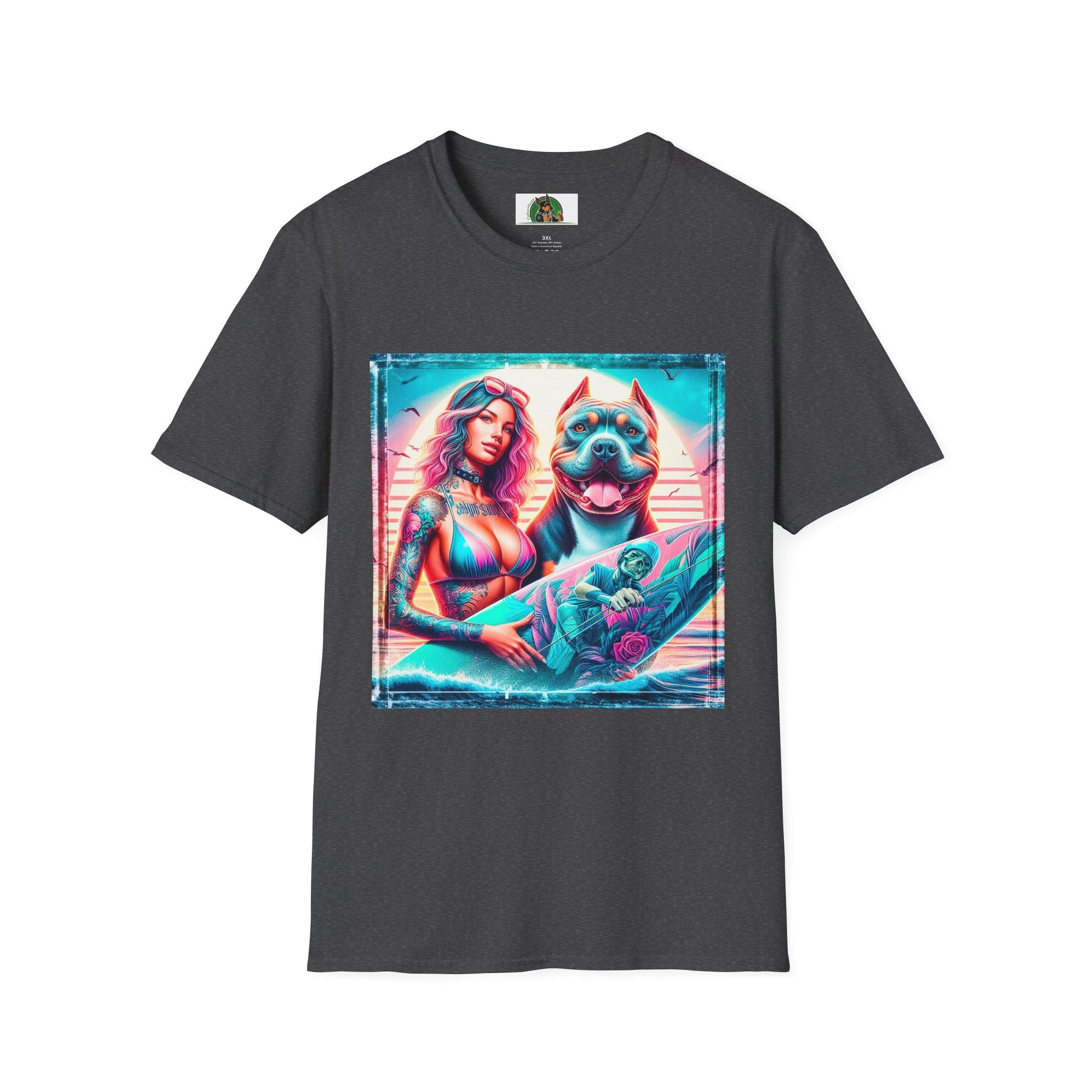 Pit Bull surfer and girl T-Shirt Printify XS Dark Heather