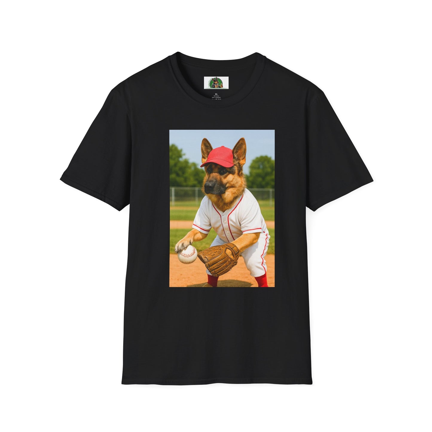 German Shepherd Playing Baseball T-Shirt — Sports Dog Tee T-Shirt Printify Black XS
