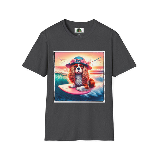 Cavalier King Charles Spaniel Female Surfing Dog With Summer Hat TShirt T-Shirt Printify XS Dark Heather