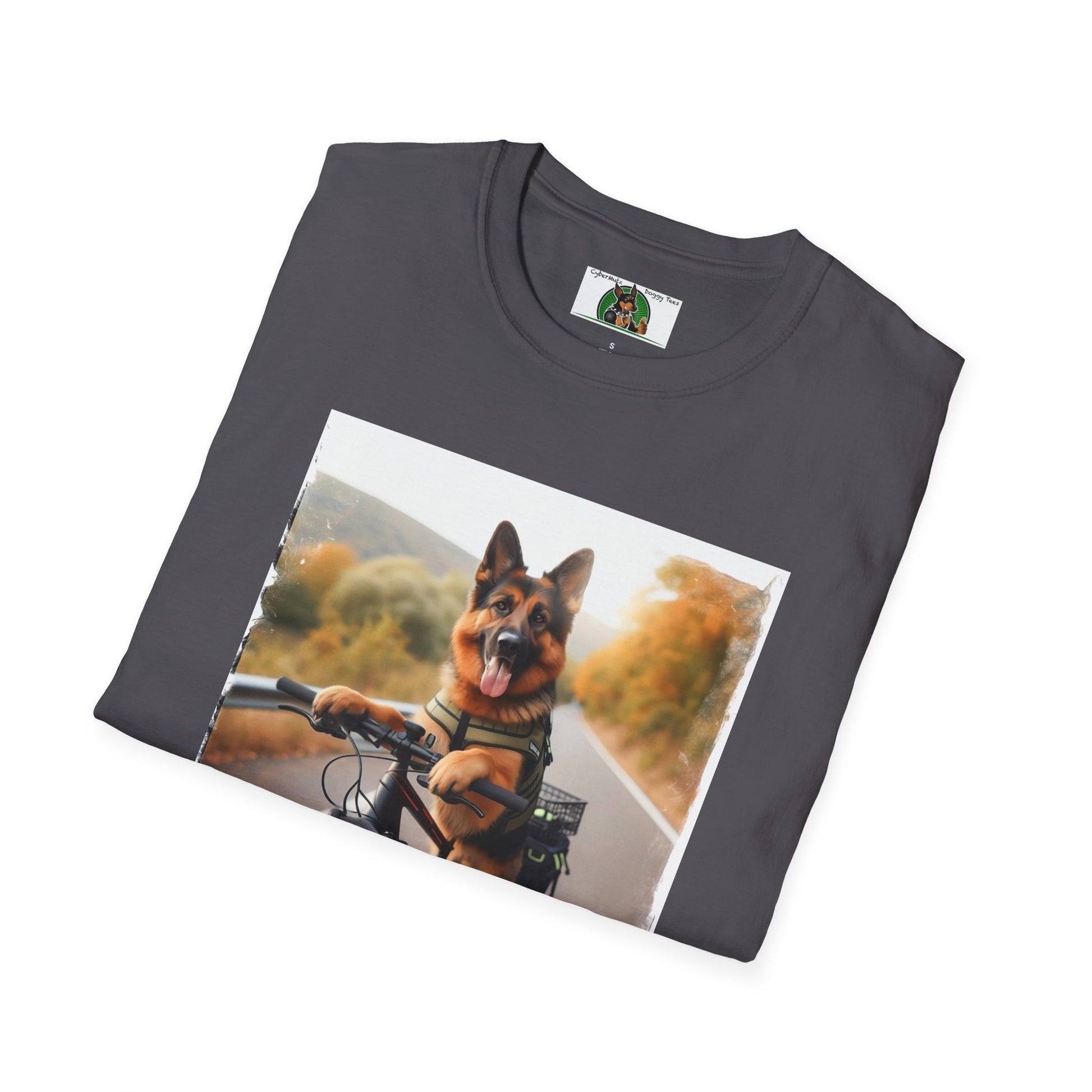 German Shepherd Dog Road Biking! Unisex Softstyle T-Shirt T-Shirt Printify