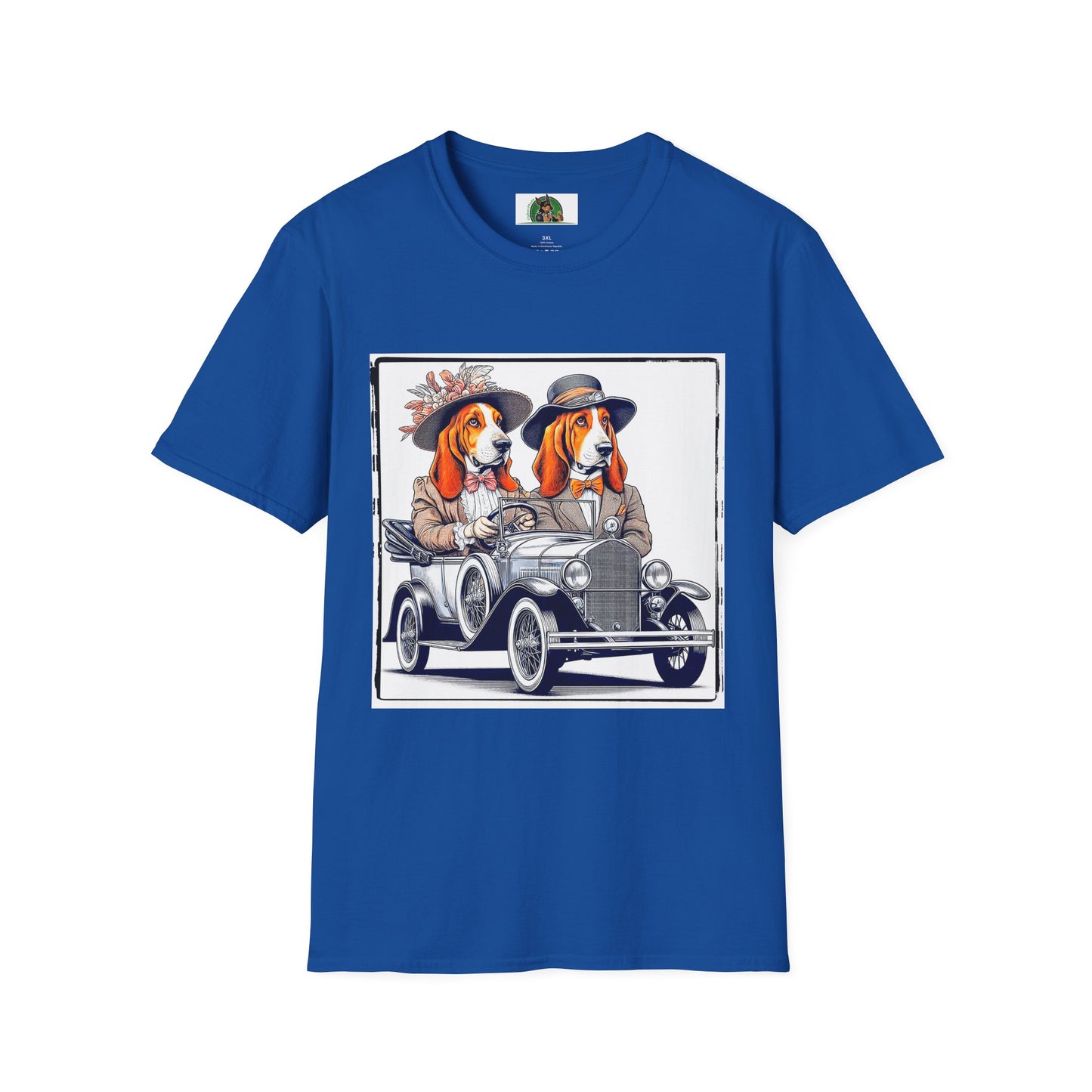 Wacky Basset Hound Couple Riding In Old Car T-Shirt Printify XS Royal