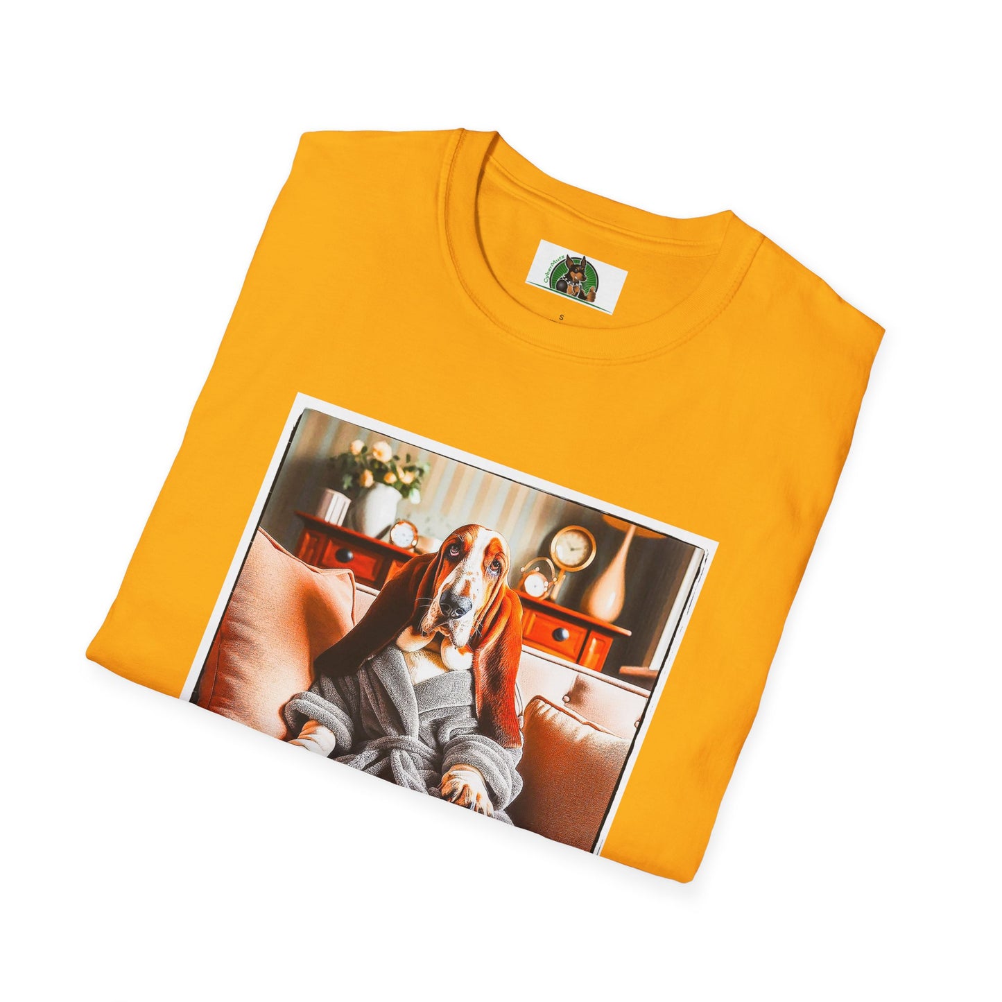 Basset Hound In Bath Robe Sitting On Couch