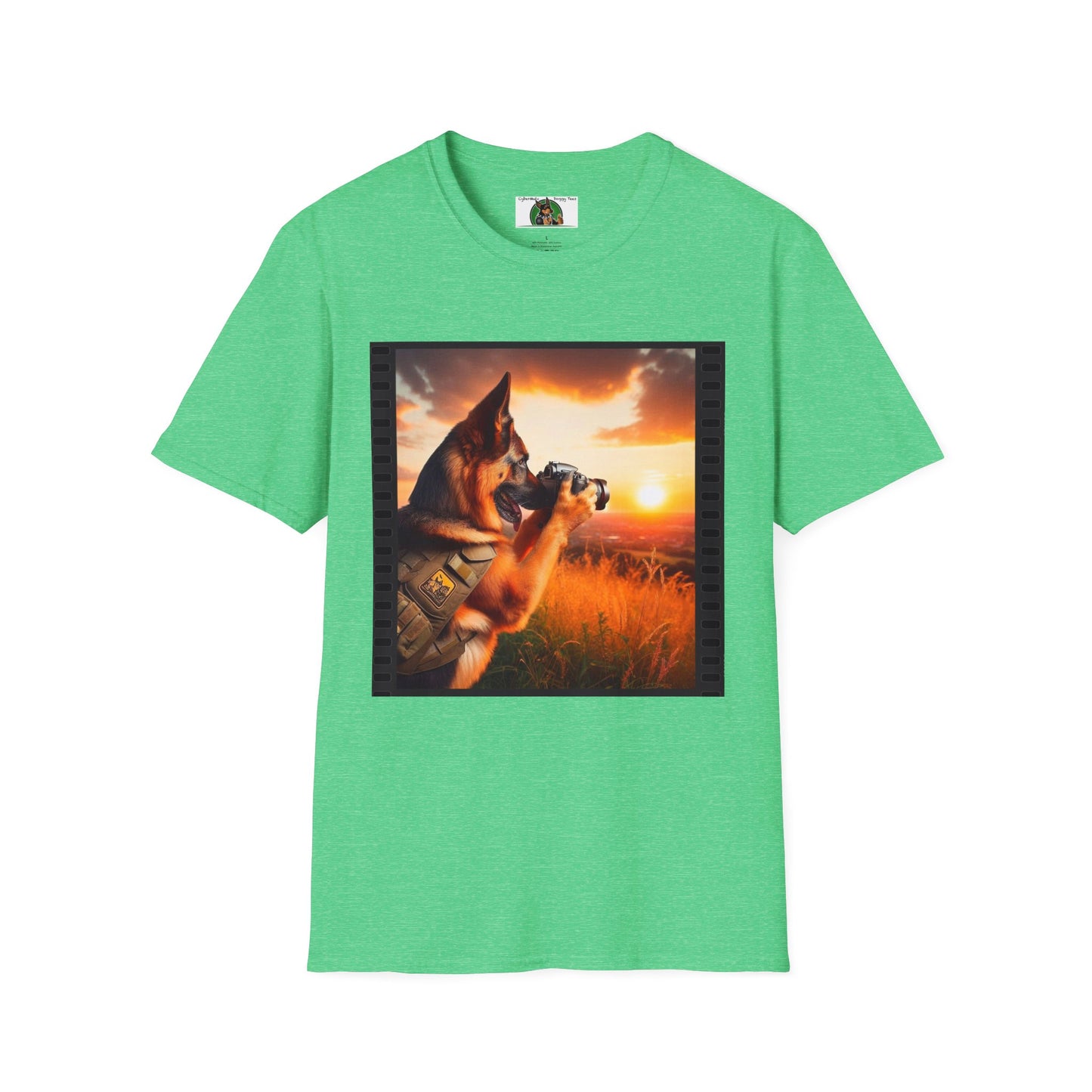 German Shepherd Dog "Photog Dawg!" Unisex Softstyle T-Shirt T-Shirt Printify S Heather Irish Green 