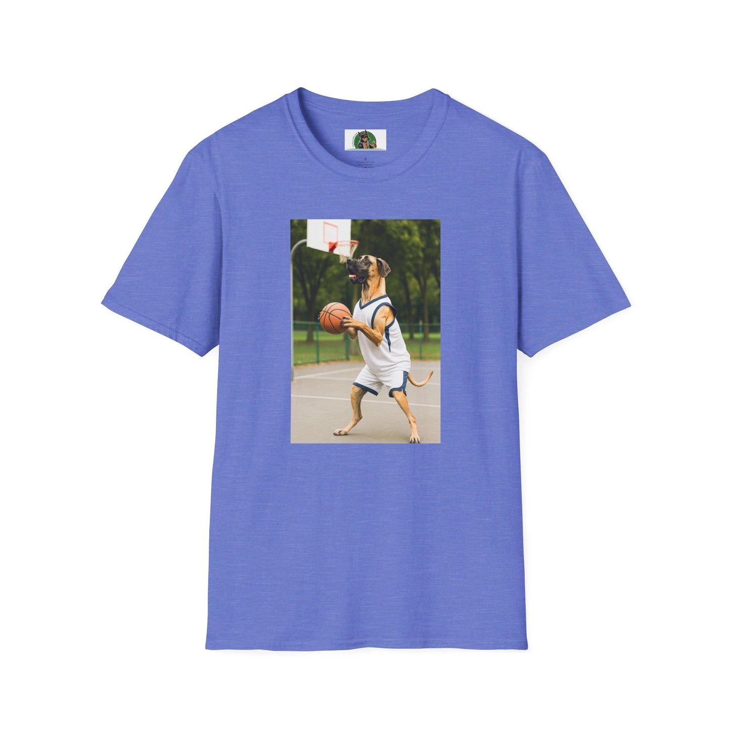 Great Dane Playing Basketball T-Shirt — Sports Dog Tee T-Shirt Printify Heather Royal S