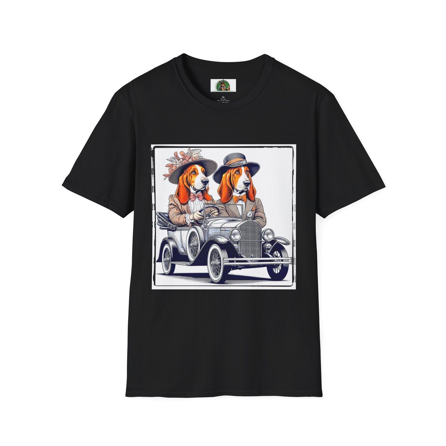 Wacky Basset Hound Couple Riding In Old Car T-Shirt Printify XS Black