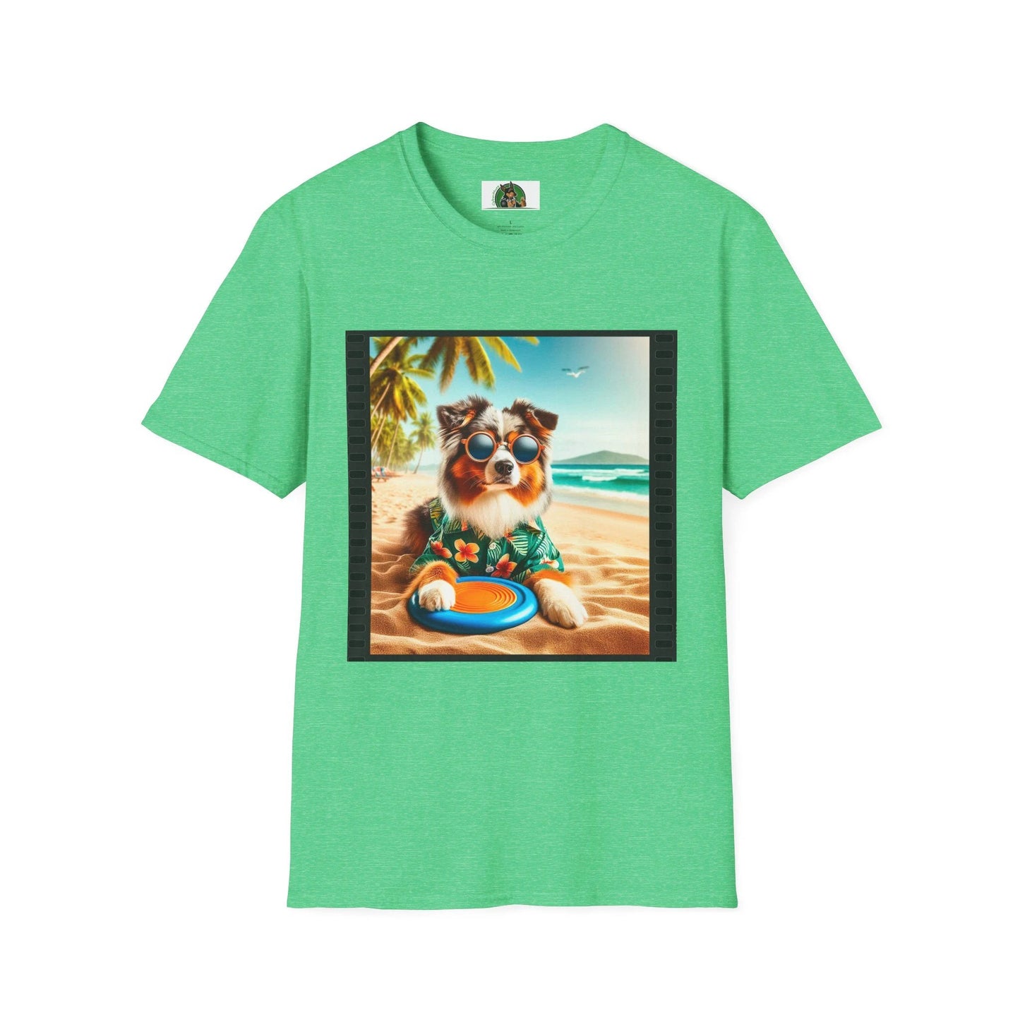 Australian Shepherd Beach Frisbee Dog Graphic Tee Unisex Soft Style Shirt for Dog Lovers T-Shirt Printify S Heather Irish Green
