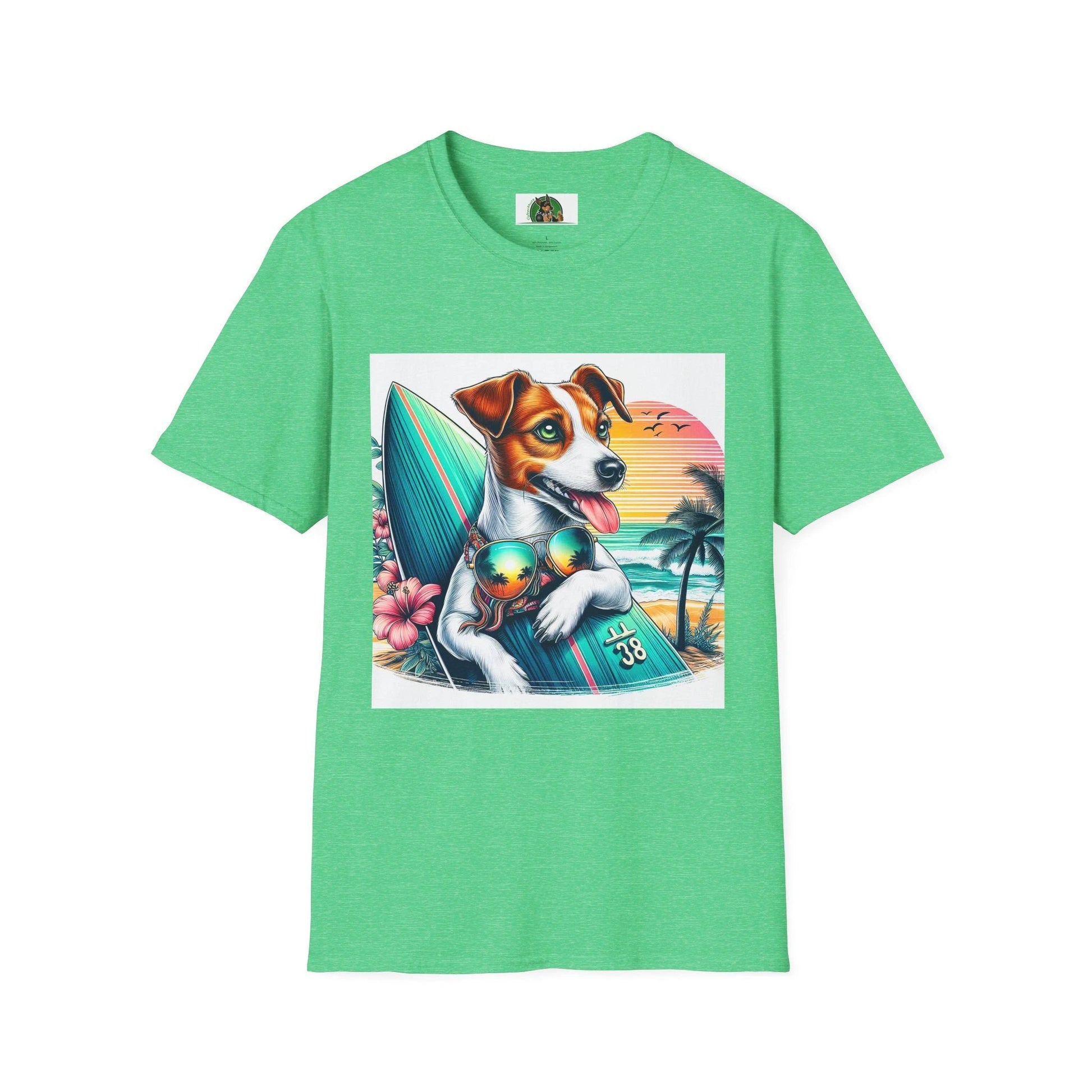 Jack Russell Sunset Surfer T-Shirt Printify S Heather Irish Green
