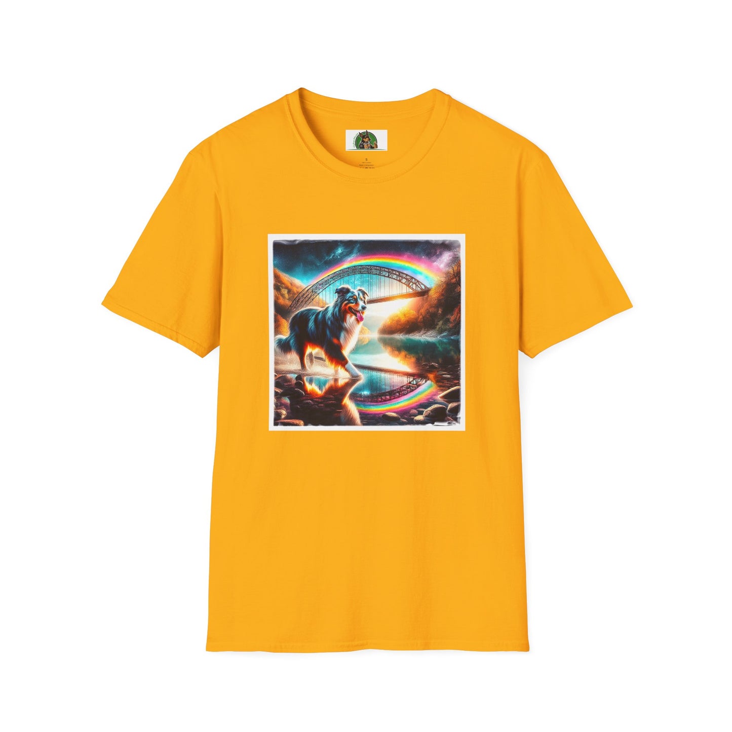 Australian Shepherd Rainbow Bridge At Night T-Shirt Printify S Gold
