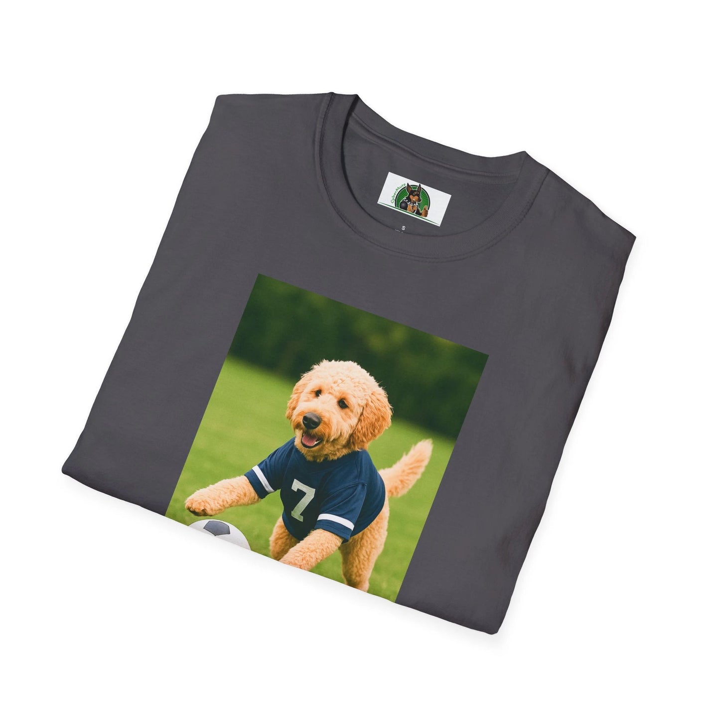 Golden Doodle Soccer T-Shirt — Sports Dog Playing Soccer T-Shirt Printify