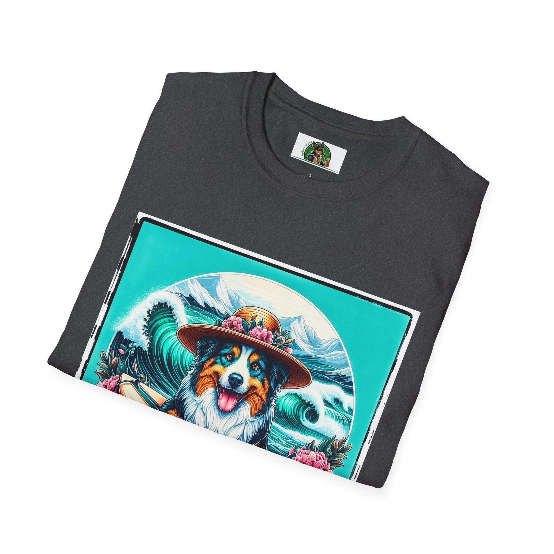Australian Shepherd Unisex Tee With Floral Hat Surfer Dog Design For Ocean Lovers T-Shirt Printify