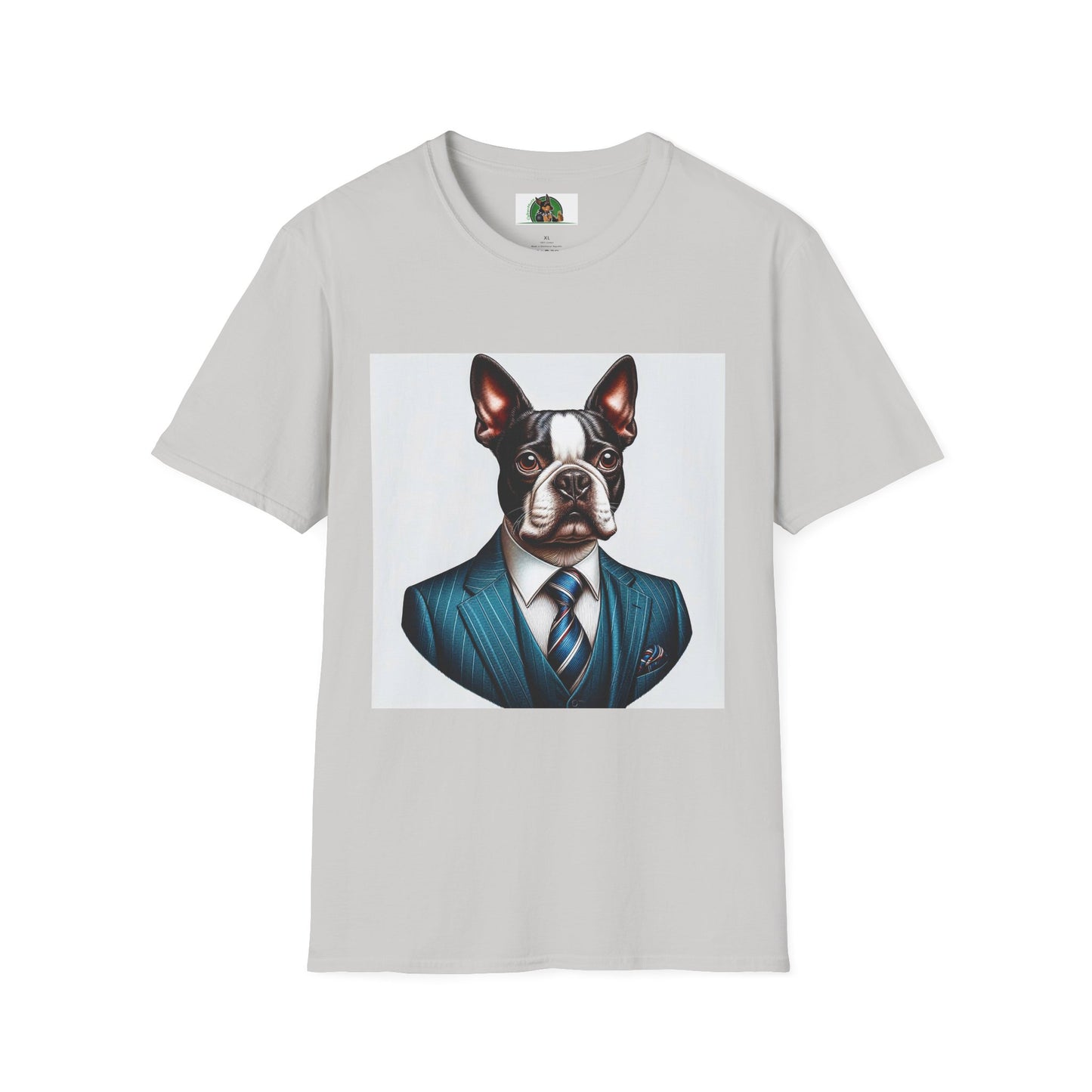 Boston Terrier Dog In Blue Suit TShirt T-Shirt Printify S Ice Grey 