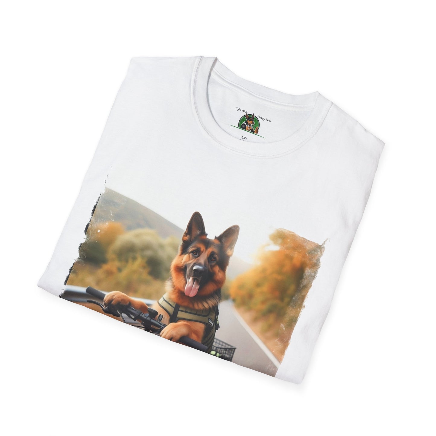 German Shepherd Dog Road Biking! Unisex Softstyle T-Shirt T-Shirt Printify