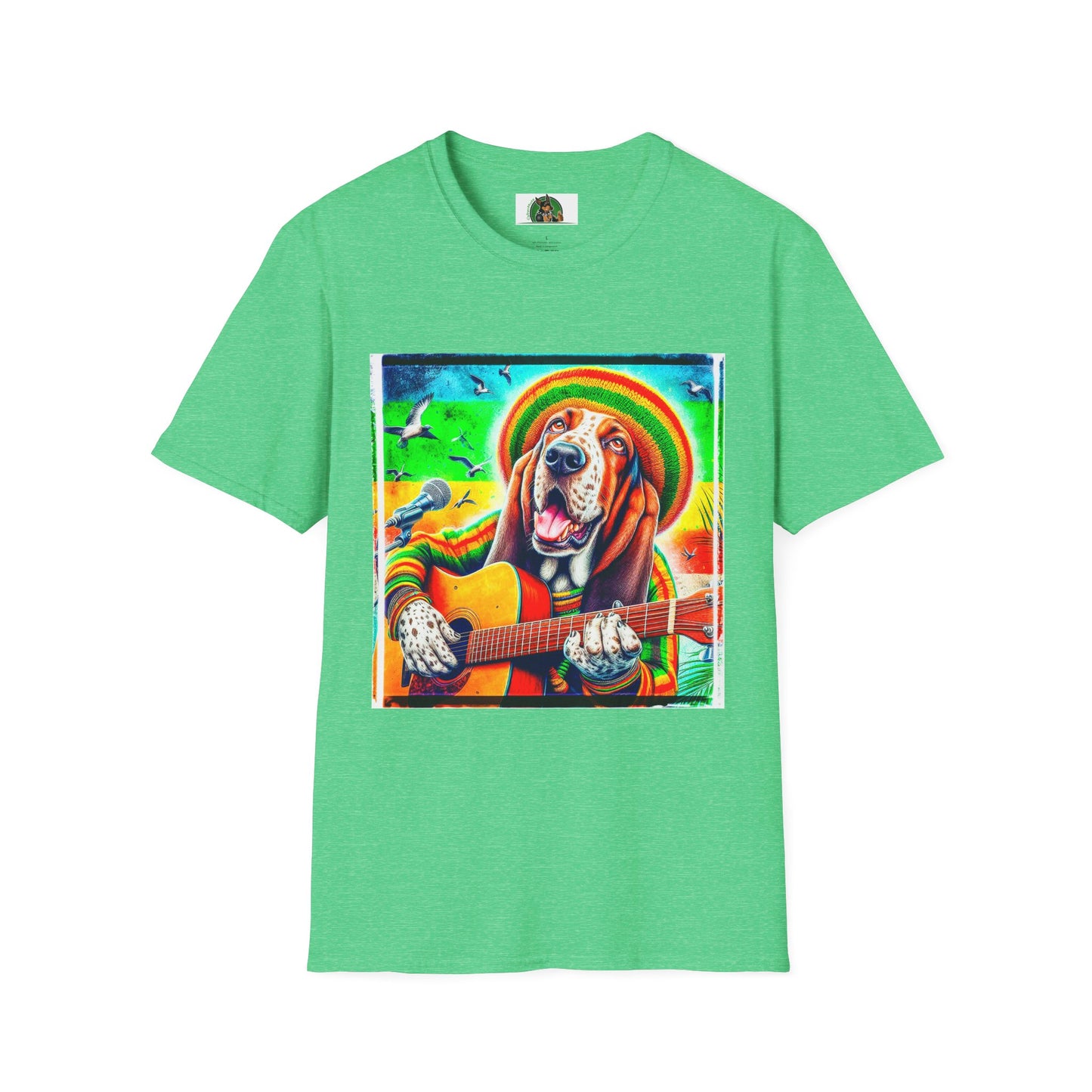 Basset Hound Rasta Dog Playing Guitar T-Shirt Printify S Heather Irish Green