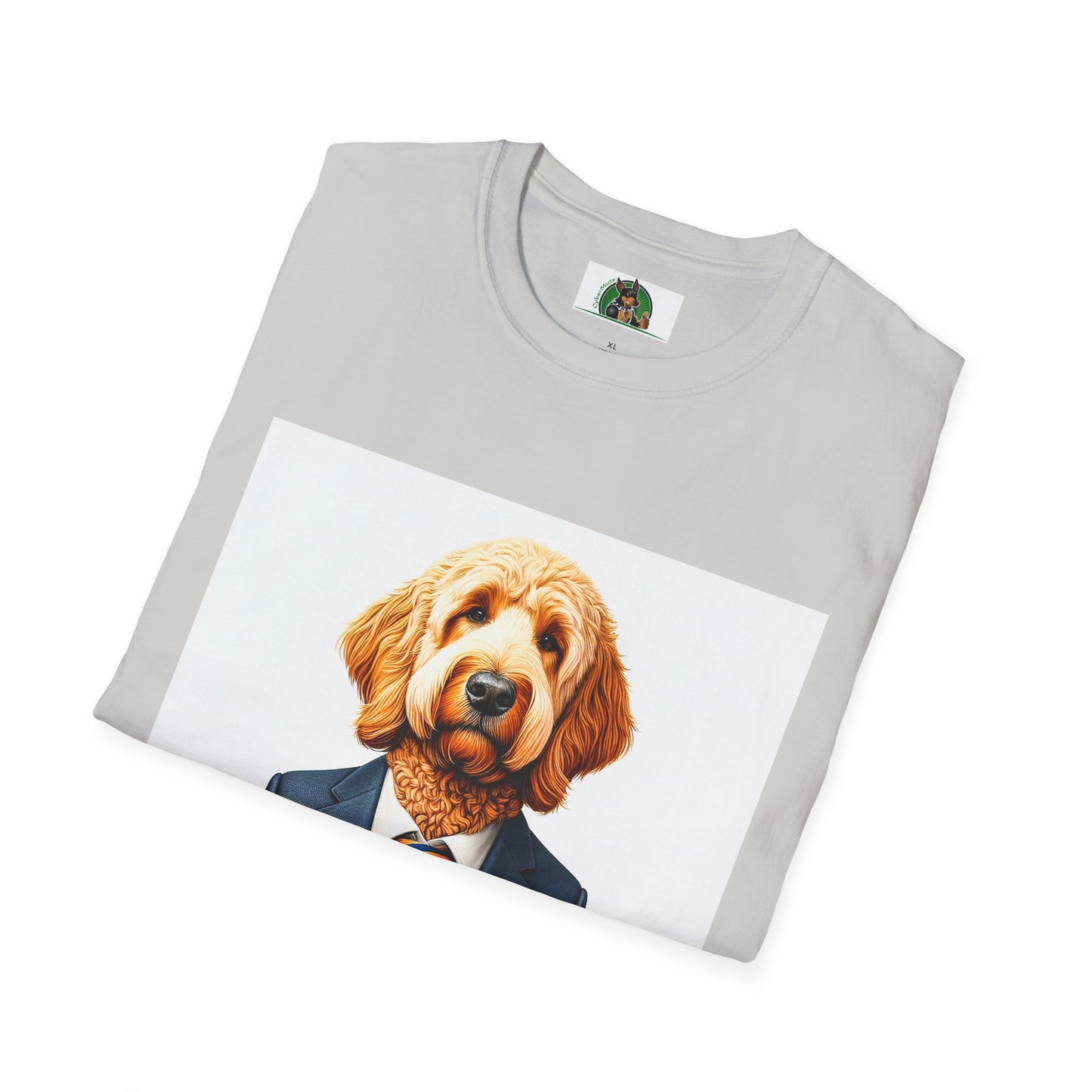 Golden Doodle sitting businessman