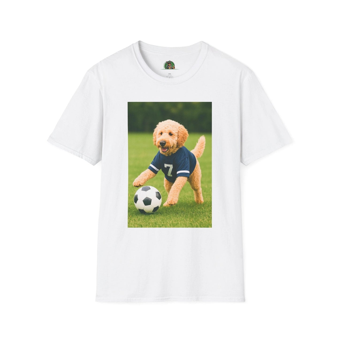 Golden Doodle Soccer T-Shirt — Sports Dog Playing Soccer T-Shirt Printify White S