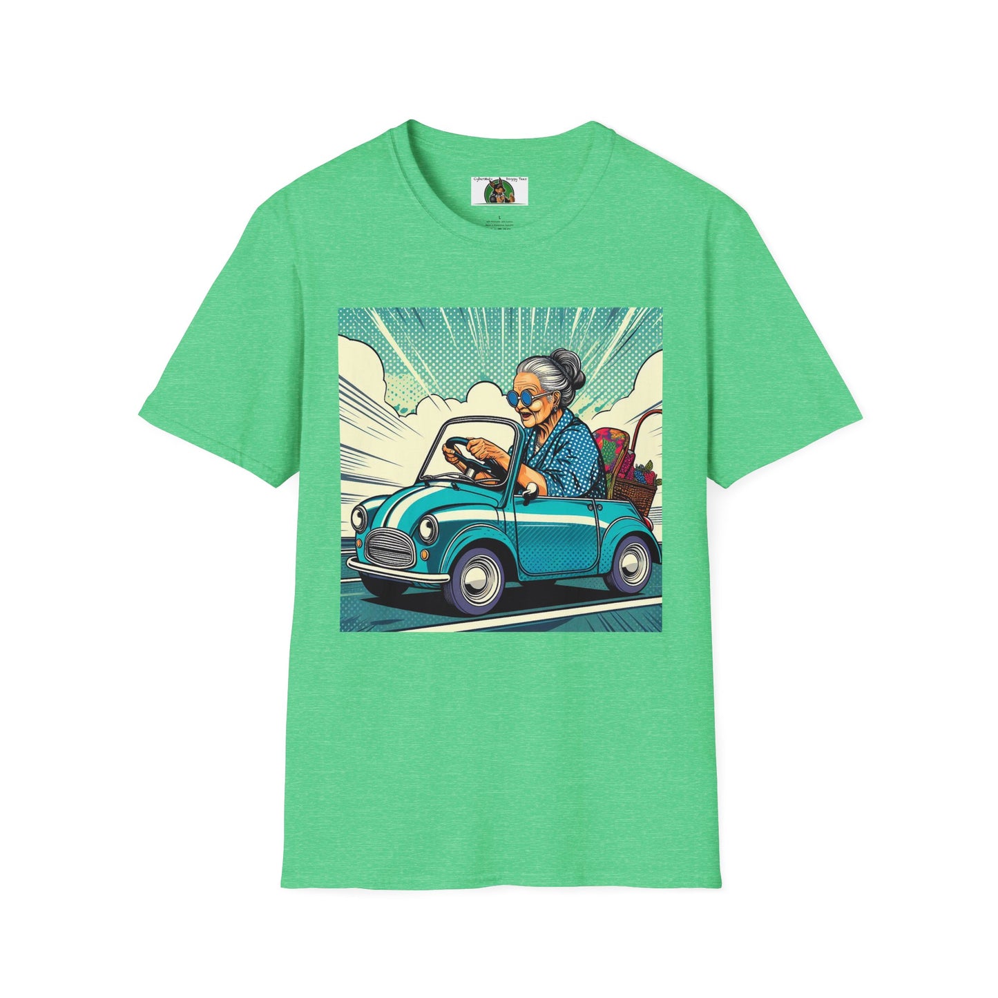 Old Lady in a Wacky Little Car T-Shirt Printify Heather Irish Green S 