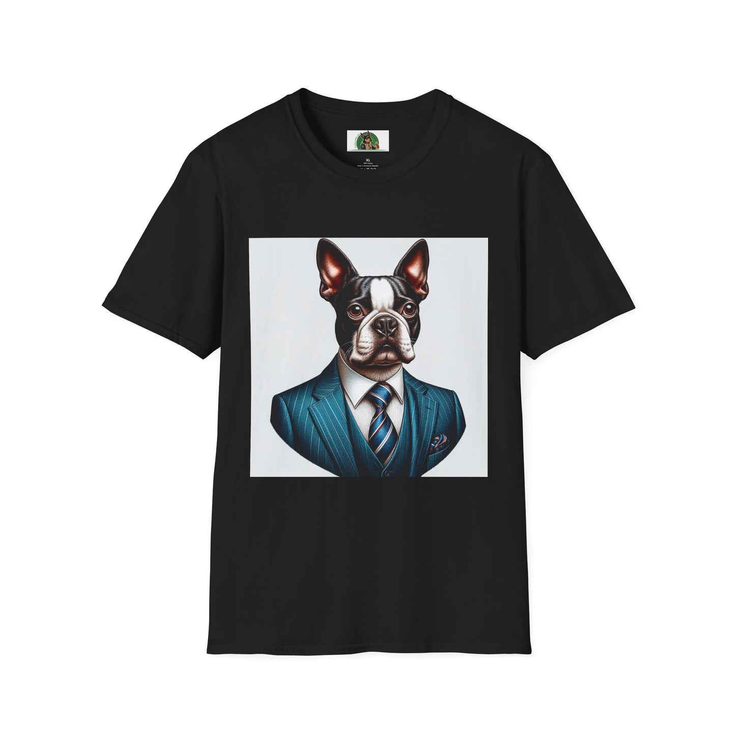 Boston Terrier Dog In Blue Suit TShirt T-Shirt Printify XS Black 