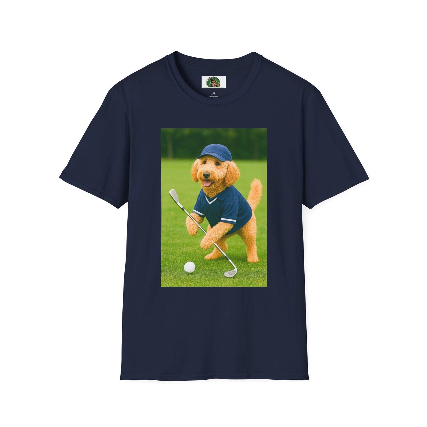 Golden Doodle Playing Golf T-Shirt — Sports Dog Golfing Tee T-Shirt Printify Navy S