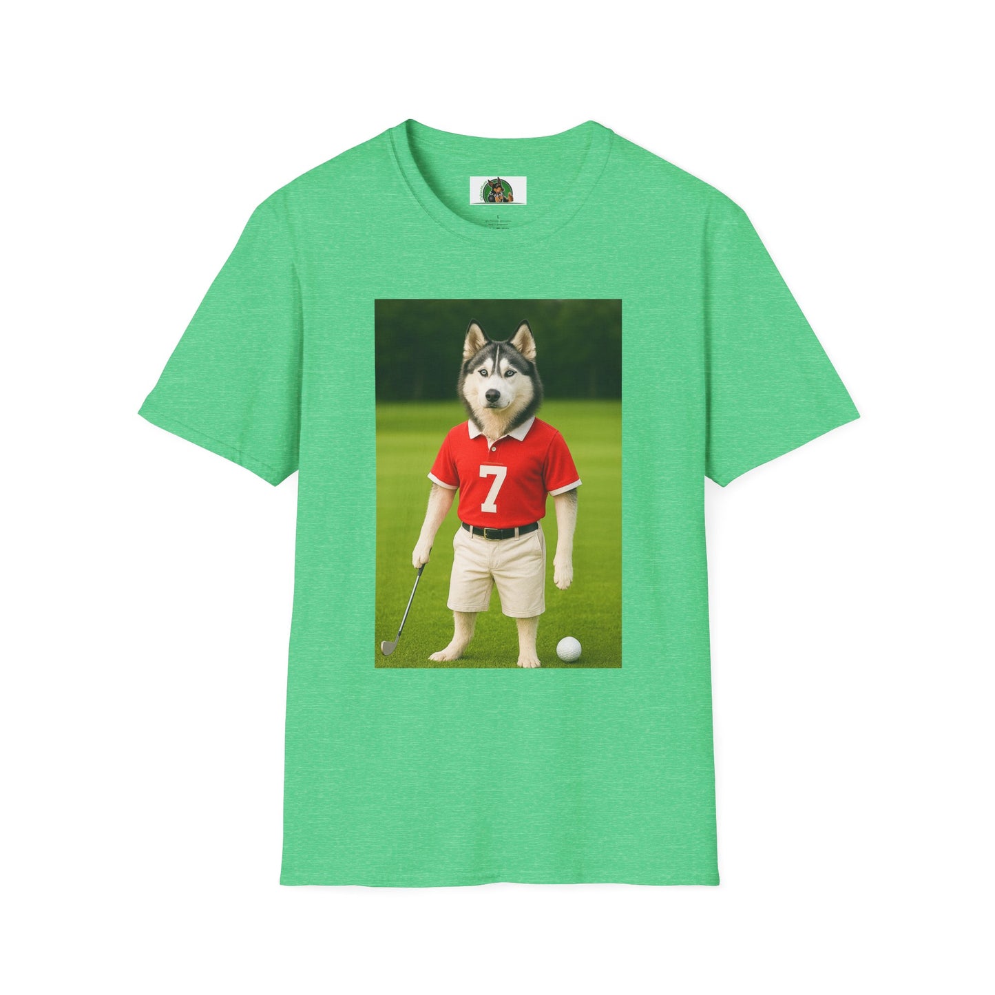 Husky Playing Golf T-Shirt — Sports Dog Tee T-Shirt Printify Heather Irish Green S