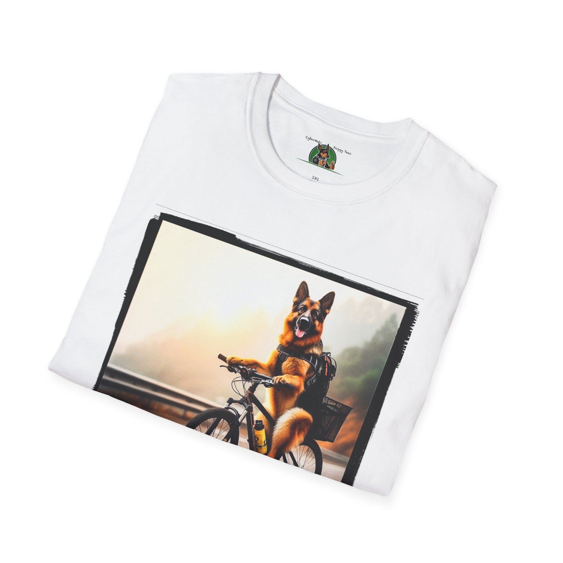 Road Bike German Shepherd Unisex Softstyle T-Shirt T-Shirt Printify