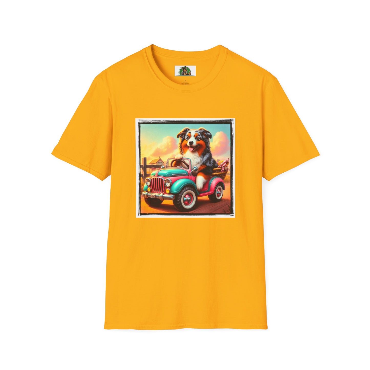 Wacky Australian Shepherd Dog In Mini Truck T-Shirt Printify S Gold