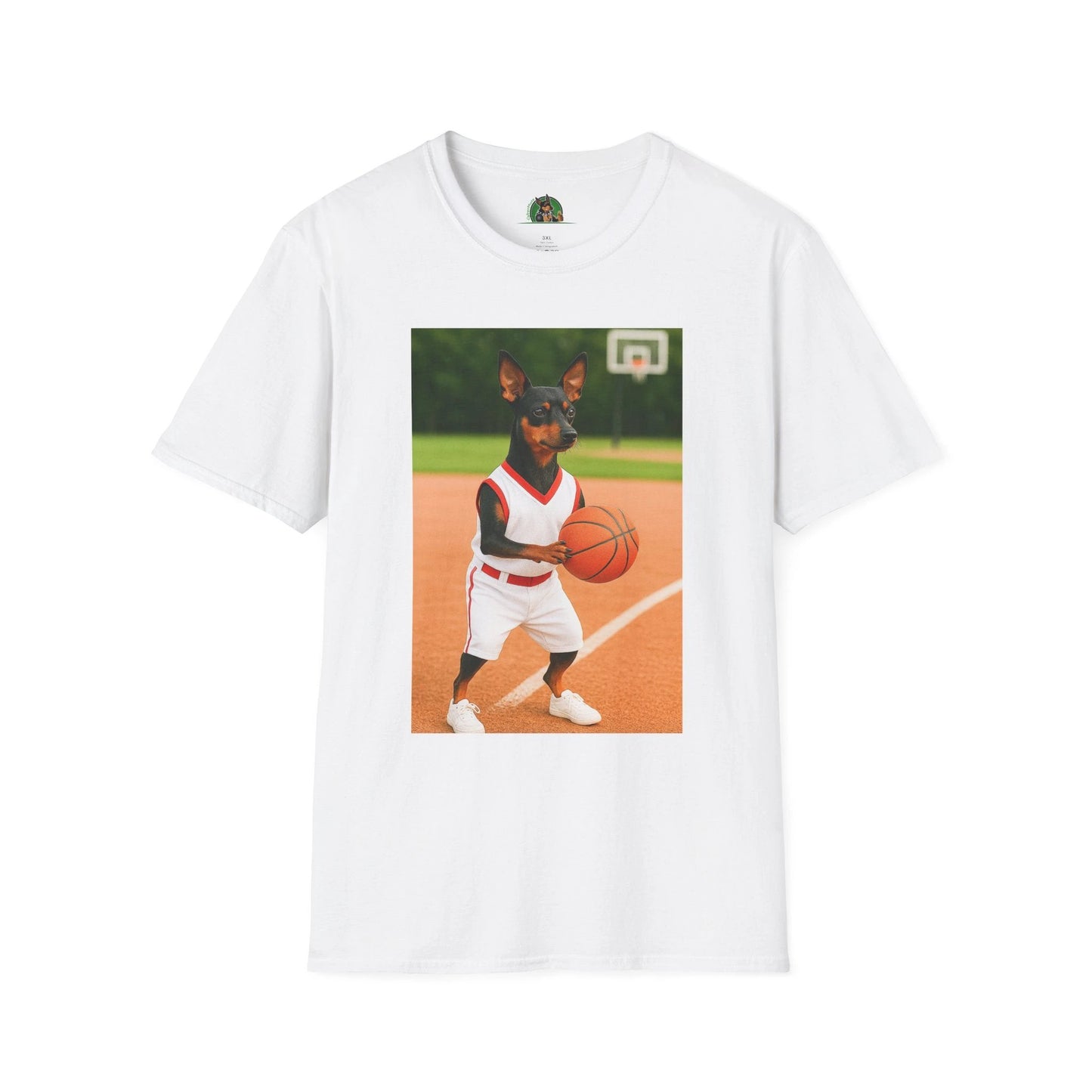 Miniature Pinscher (Min Pin) Basketball T-Shirt — Dog Lover Sports Tee T-Shirt Printify White S