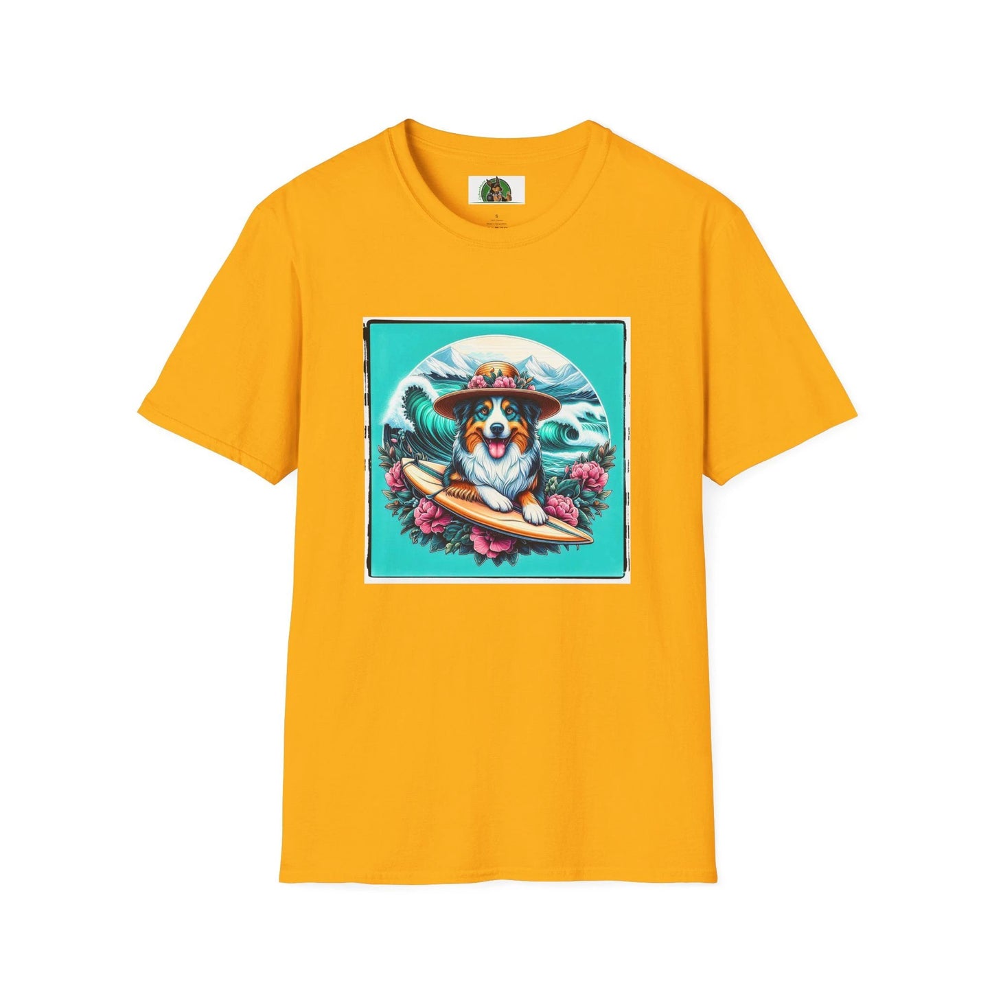 Australian Shepherd Unisex Tee With Floral Hat Surfer Dog Design For Ocean Lovers T-Shirt Printify S Gold