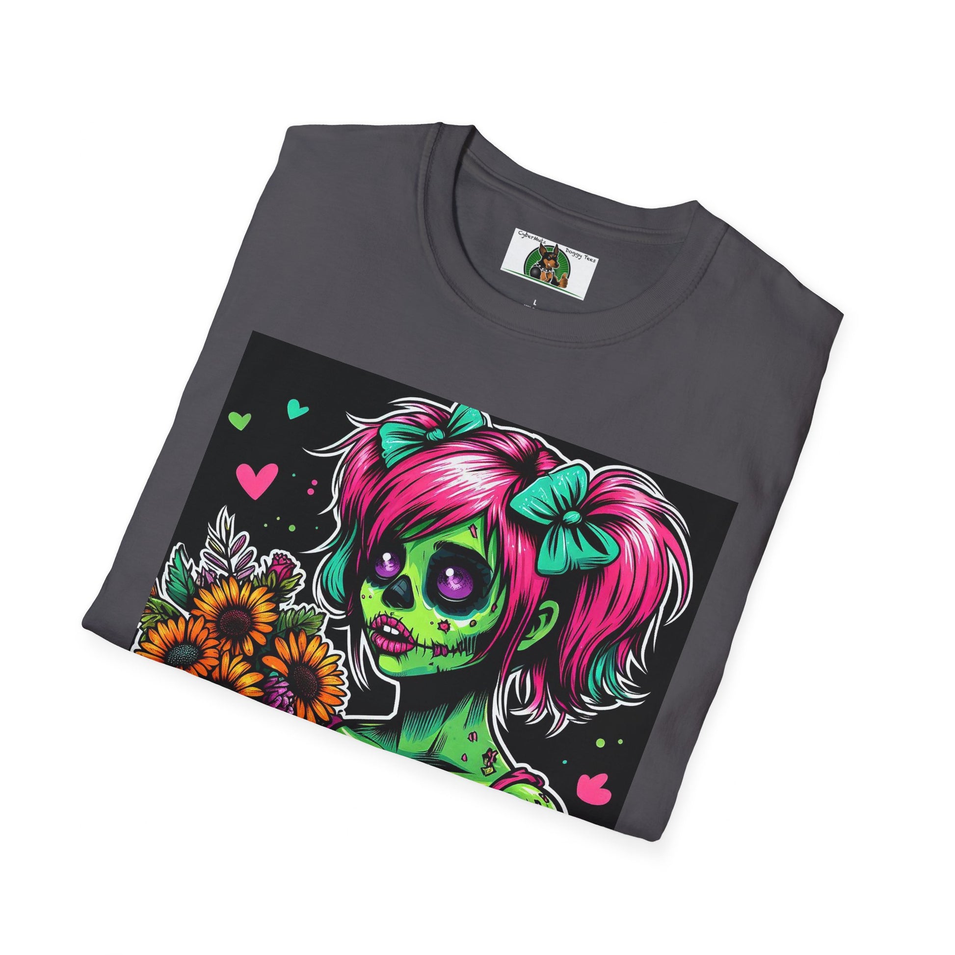 Zombie Pinup Girl with Flowers T-Shirt Printify   