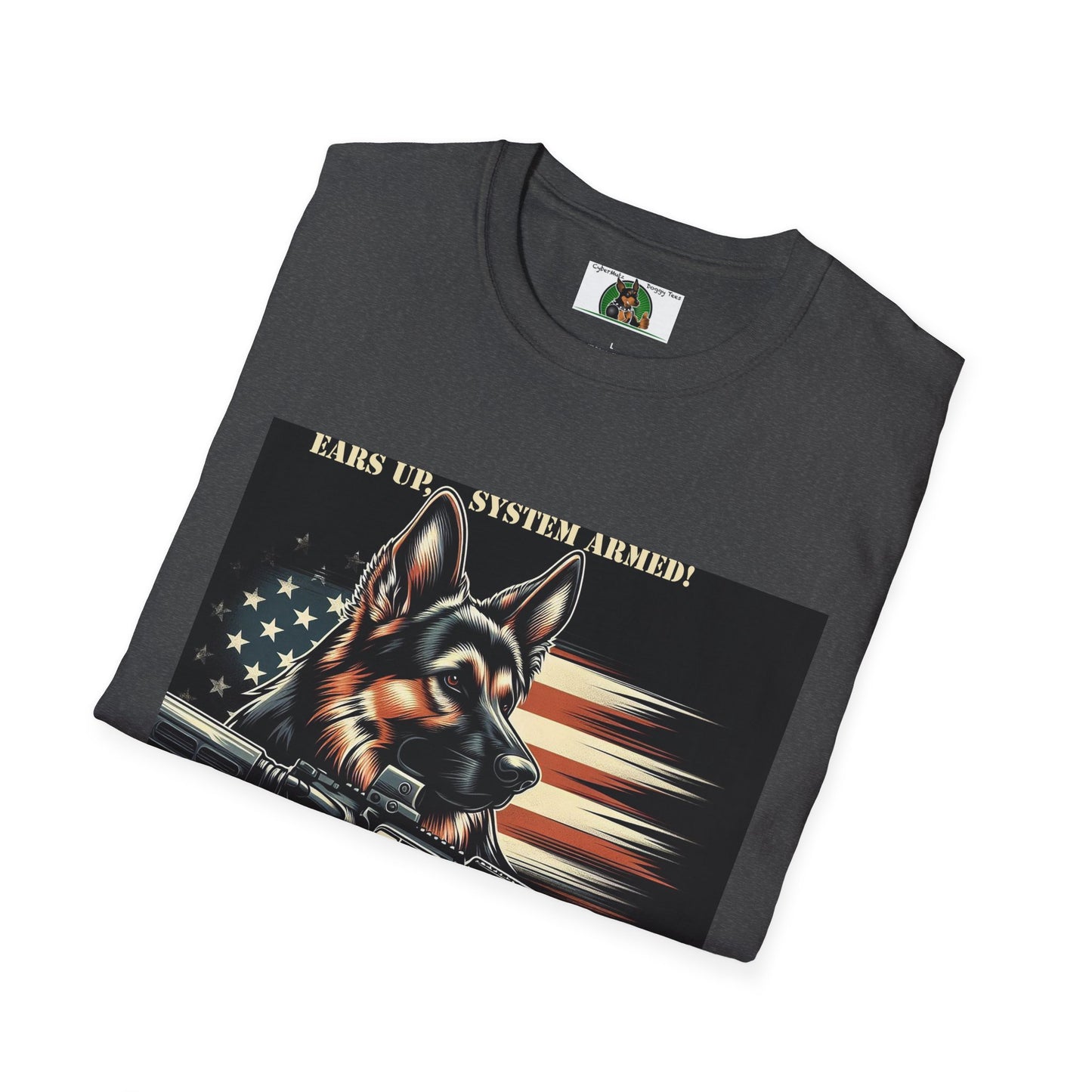 Mis·cel·la·ne·ous German Shepherd "Ears Up, System Armed" T-Shirt Printify   