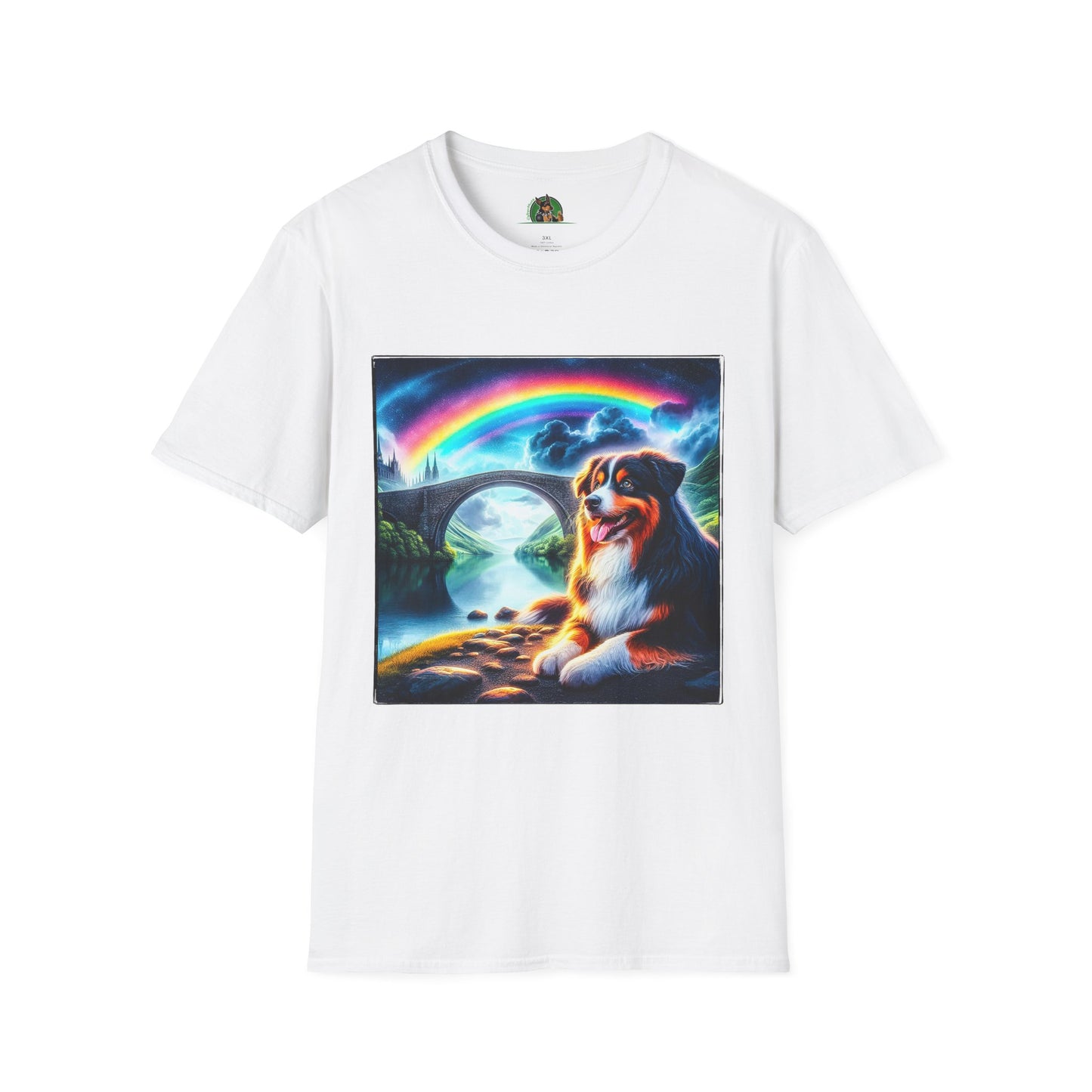 Australian Shepherd Rainbow Bridge And Lake T-Shirt Printify XS White 