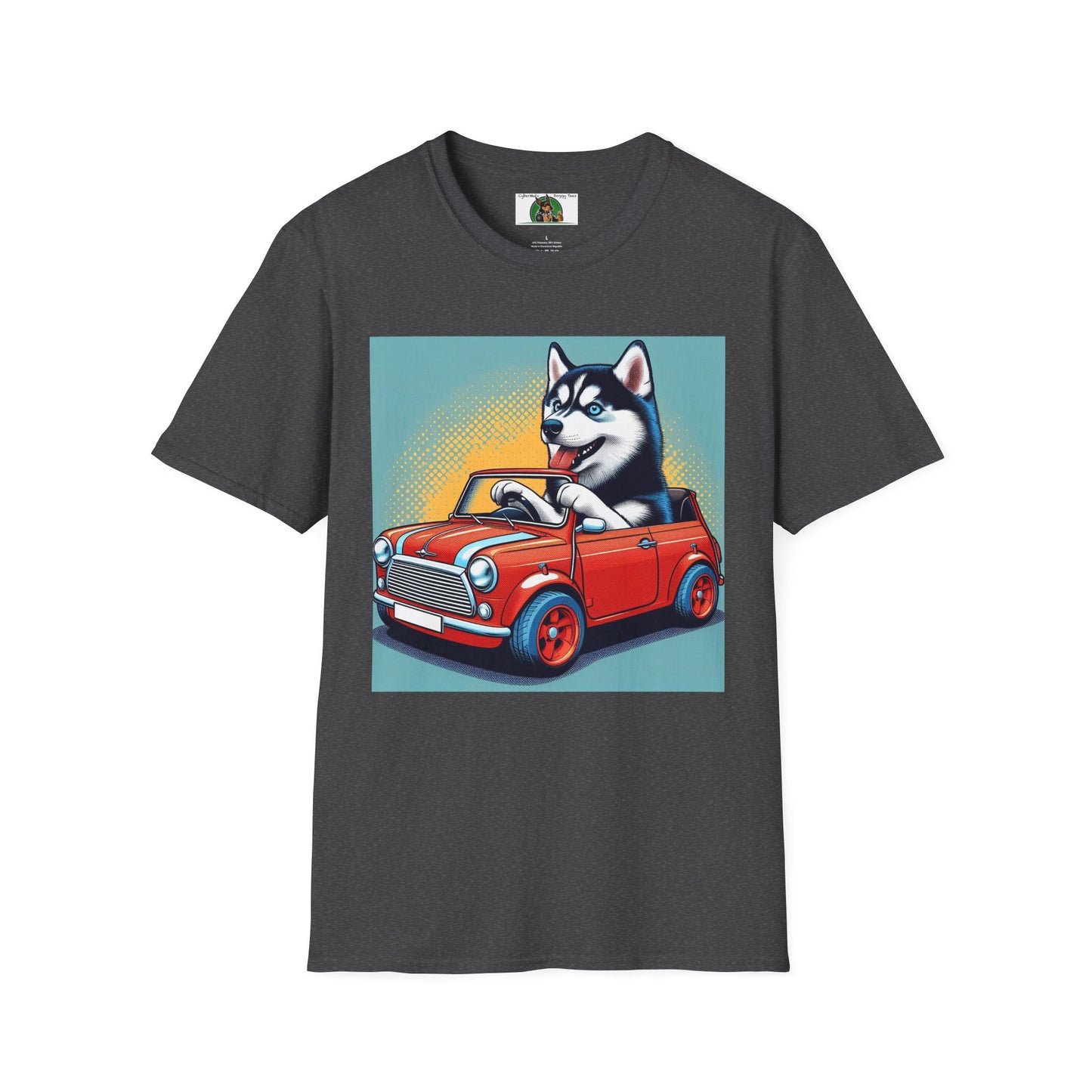 Husky in a Wacky Little Car T-Shirt Printify Dark Heather S 