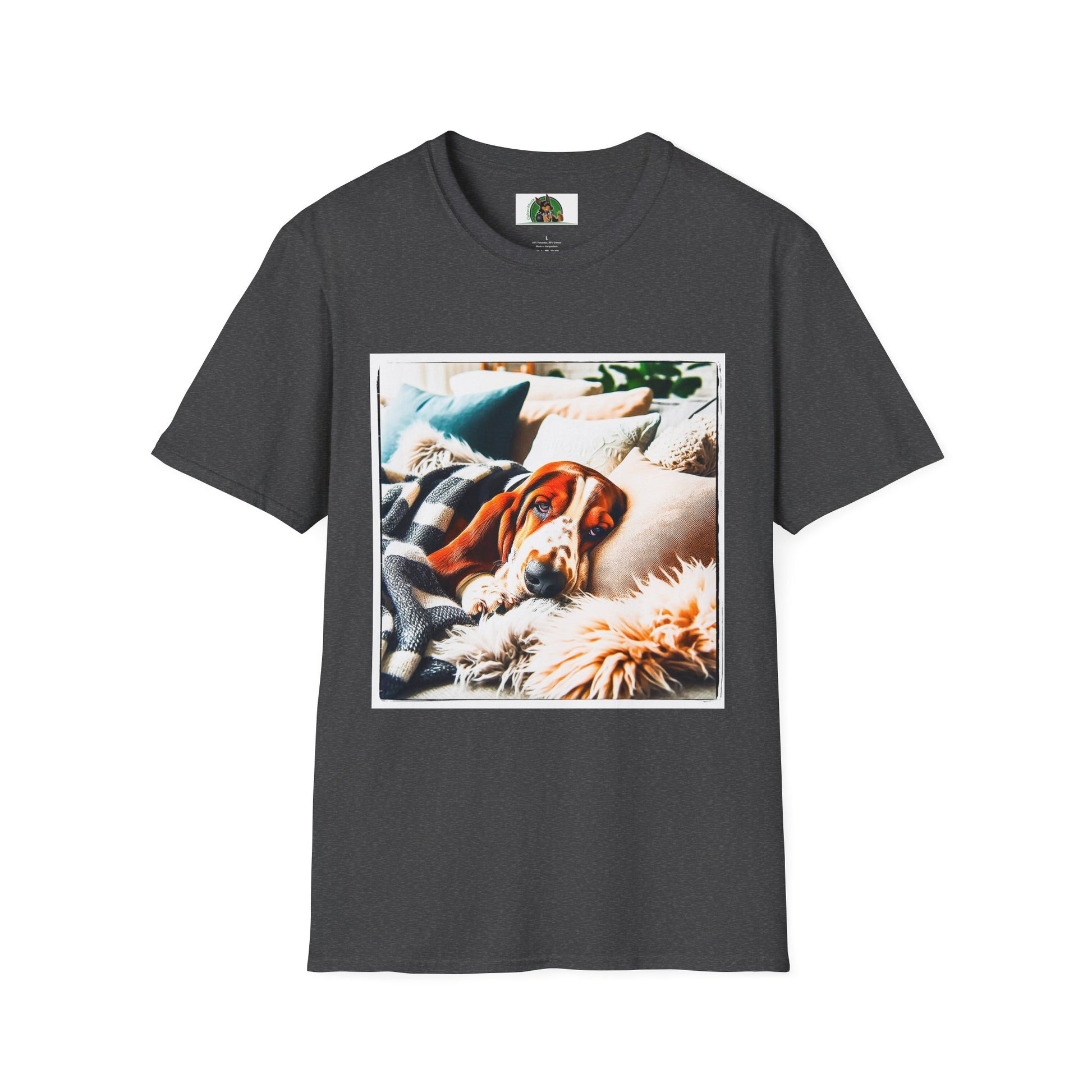 Basset Hound Sleeping In Comfy Blanket T-Shirt Printify XS Dark Heather