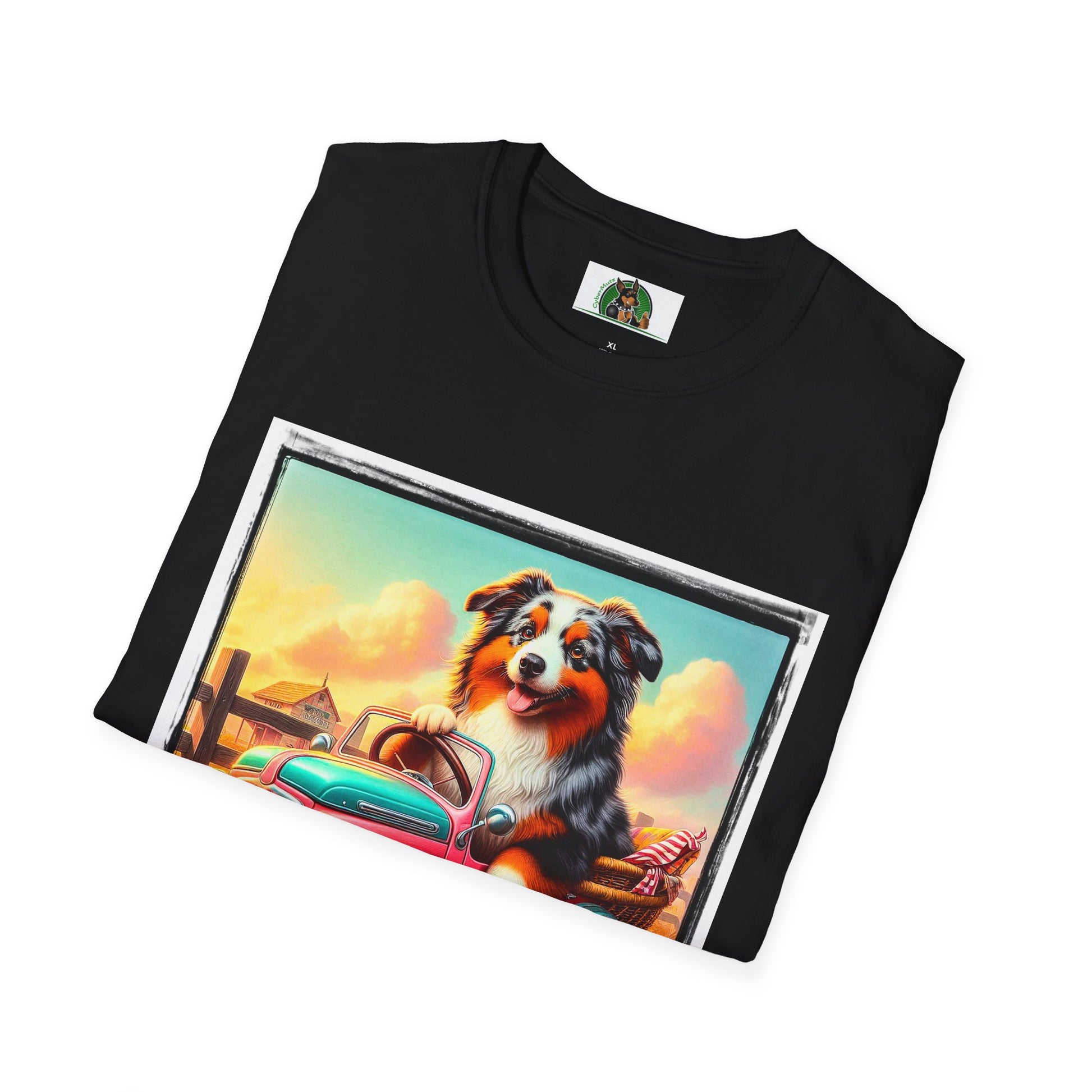 Wacky Australian Shepherd Dog In Mini Truck T-Shirt Printify