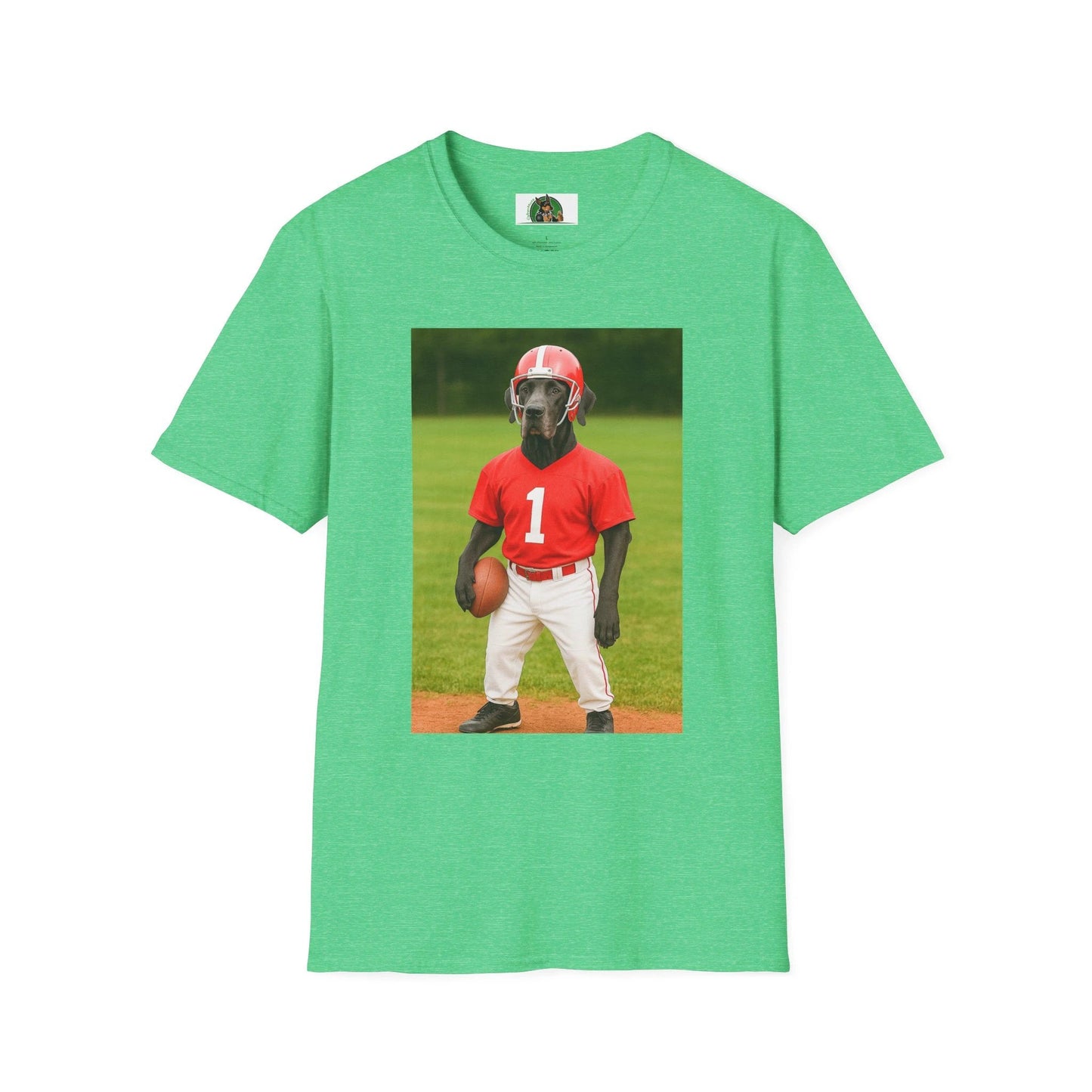 Great Dane Playing Football T-Shirt — Sports Dog Tee T-Shirt Printify Heather Irish Green S